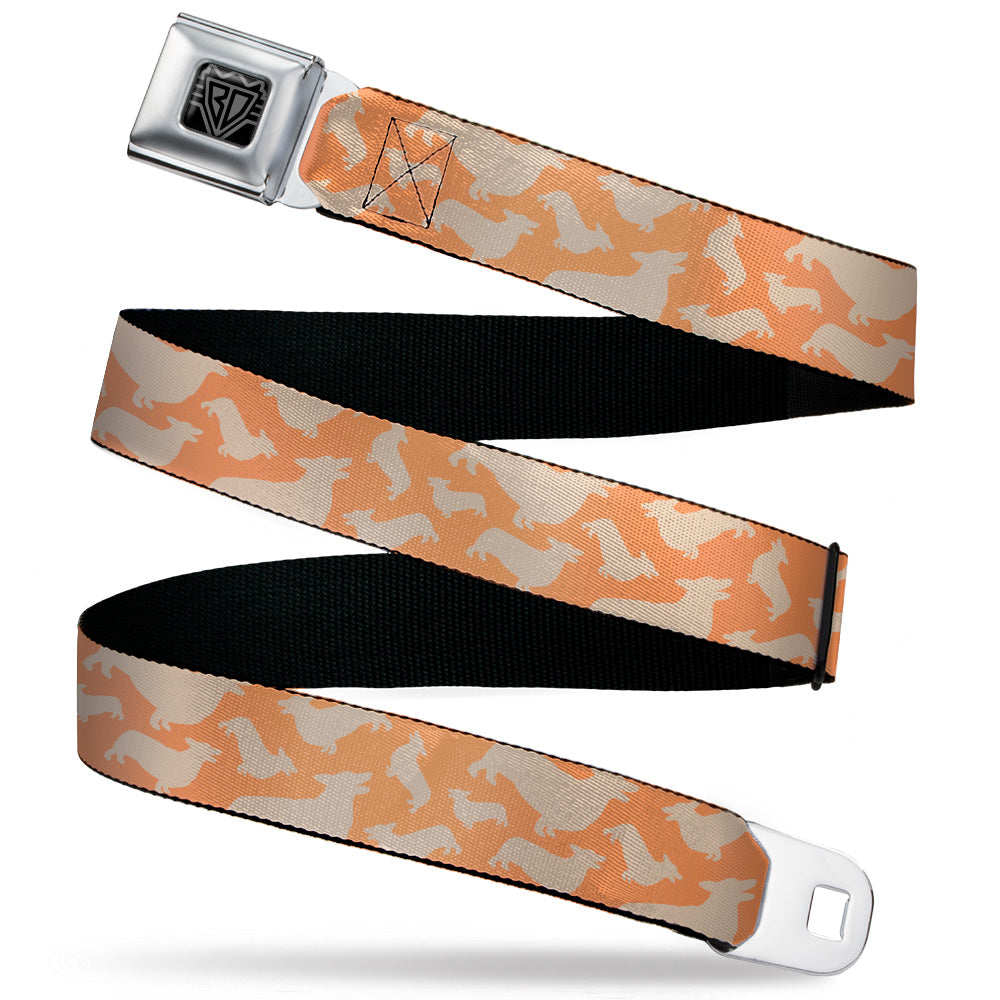 BD Wings Logo CLOSE-UP Black/Silver Seatbelt Belt - Corgi Silhouette Poses Golden Tan Webbing Seatbelt Belts Buckle-Down