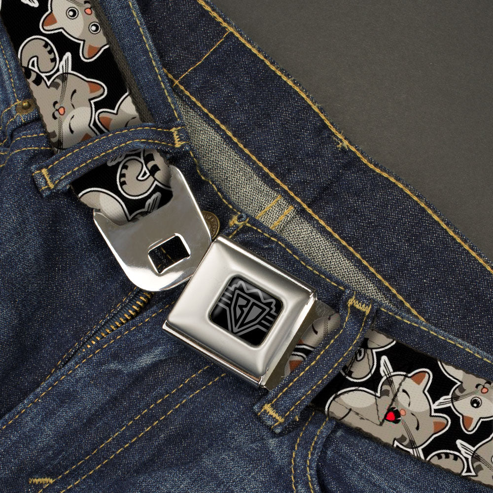 BD Wings Logo CLOSE-UP Black/Silver Seatbelt Belt - Cat Poses Scattered Black/Grays Webbing Seatbelt Belts Buckle-Down