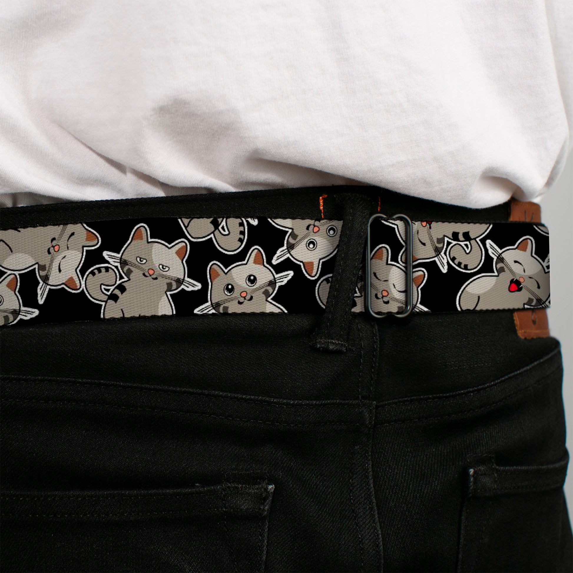 BD Wings Logo CLOSE-UP Black/Silver Seatbelt Belt - Cat Poses Scattered Black/Grays Webbing Seatbelt Belts Buckle-Down