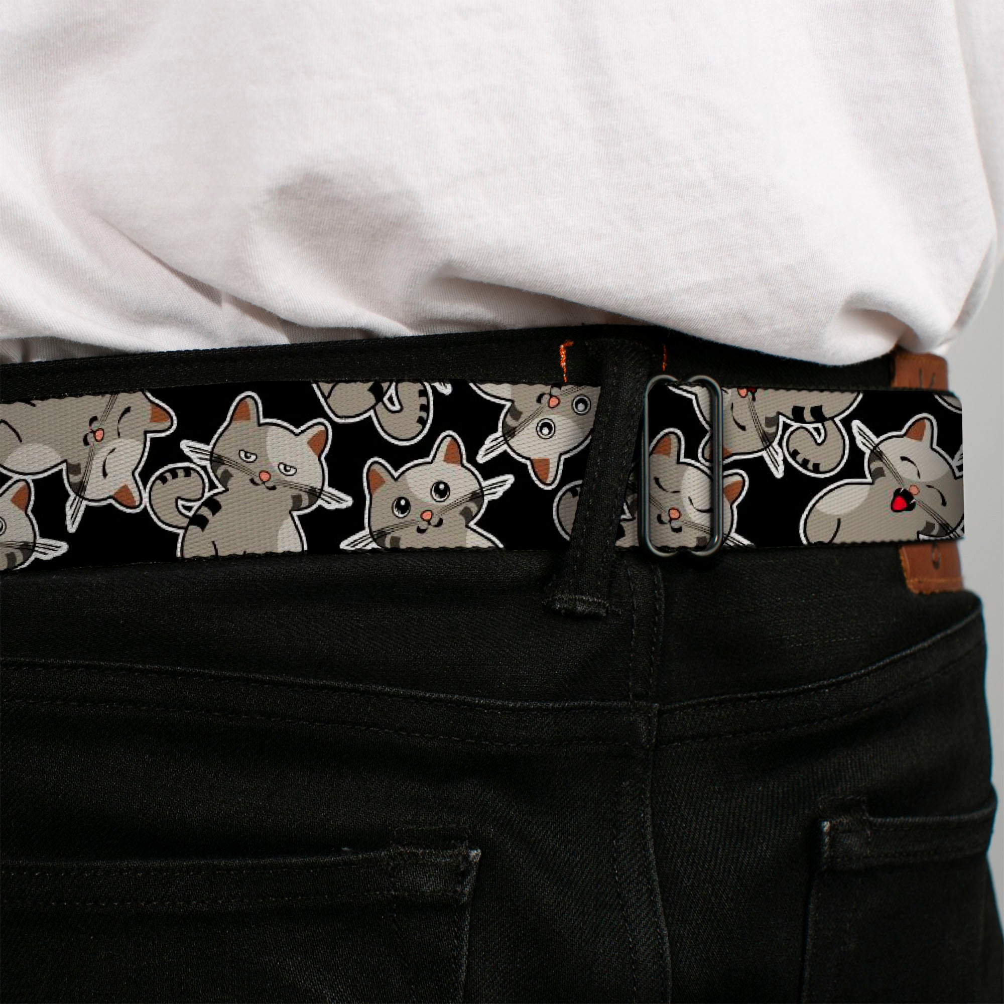 BD Wings Logo CLOSE-UP Black/Silver Seatbelt Belt - Cat Poses Scattered Black/Grays Webbing Seatbelt Belts Buckle-Down