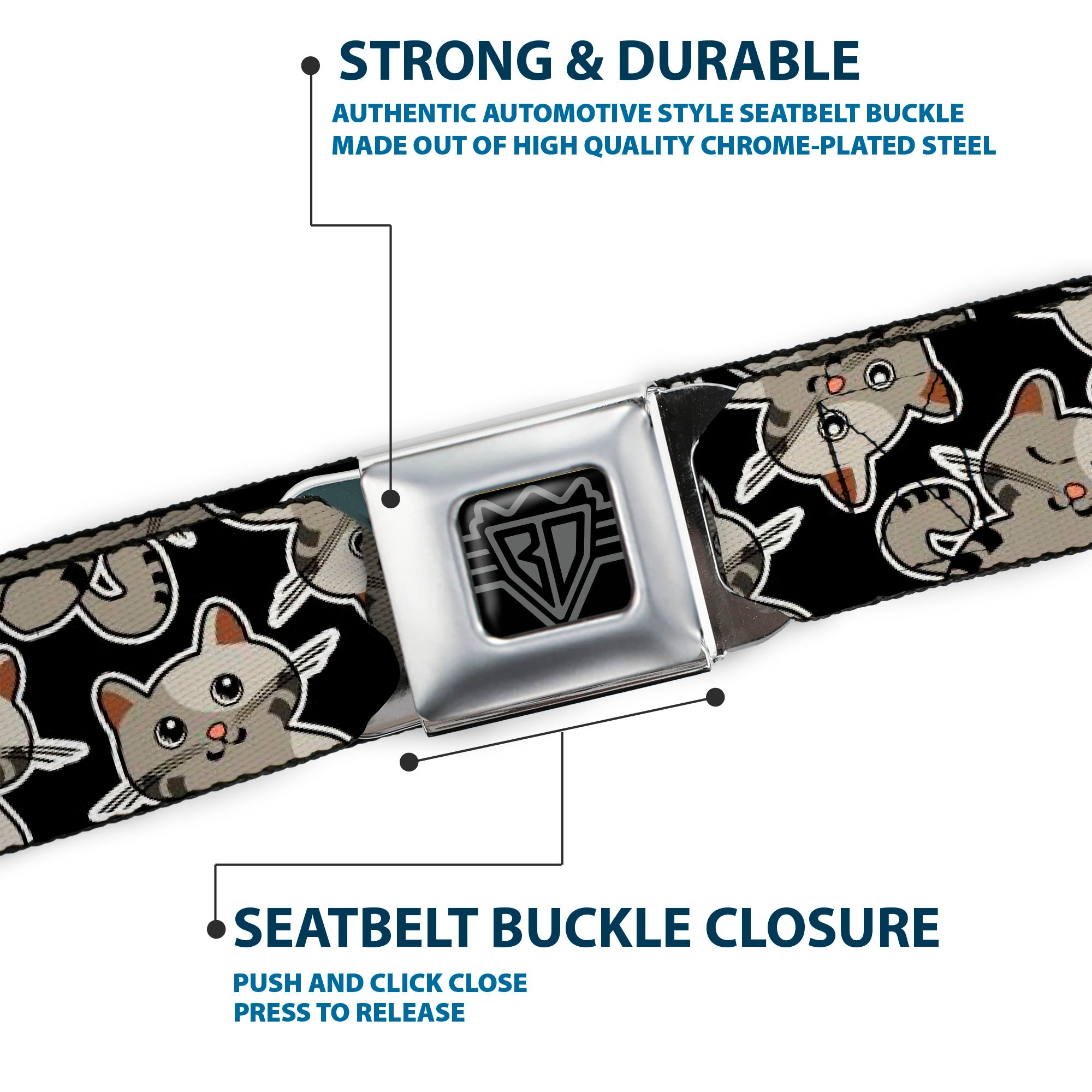 BD Wings Logo CLOSE-UP Black/Silver Seatbelt Belt - Cat Poses Scattered Black/Grays Webbing Seatbelt Belts Buckle-Down