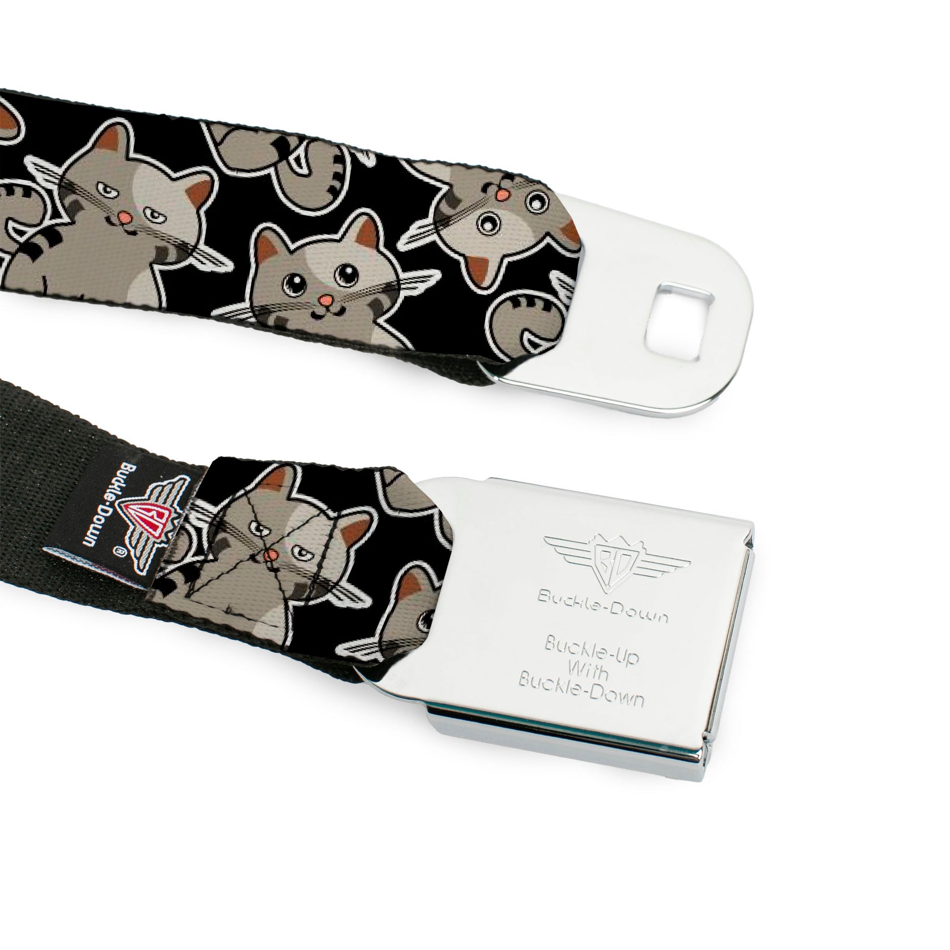 BD Wings Logo CLOSE-UP Black/Silver Seatbelt Belt - Cat Poses Scattered Black/Grays Webbing Seatbelt Belts Buckle-Down