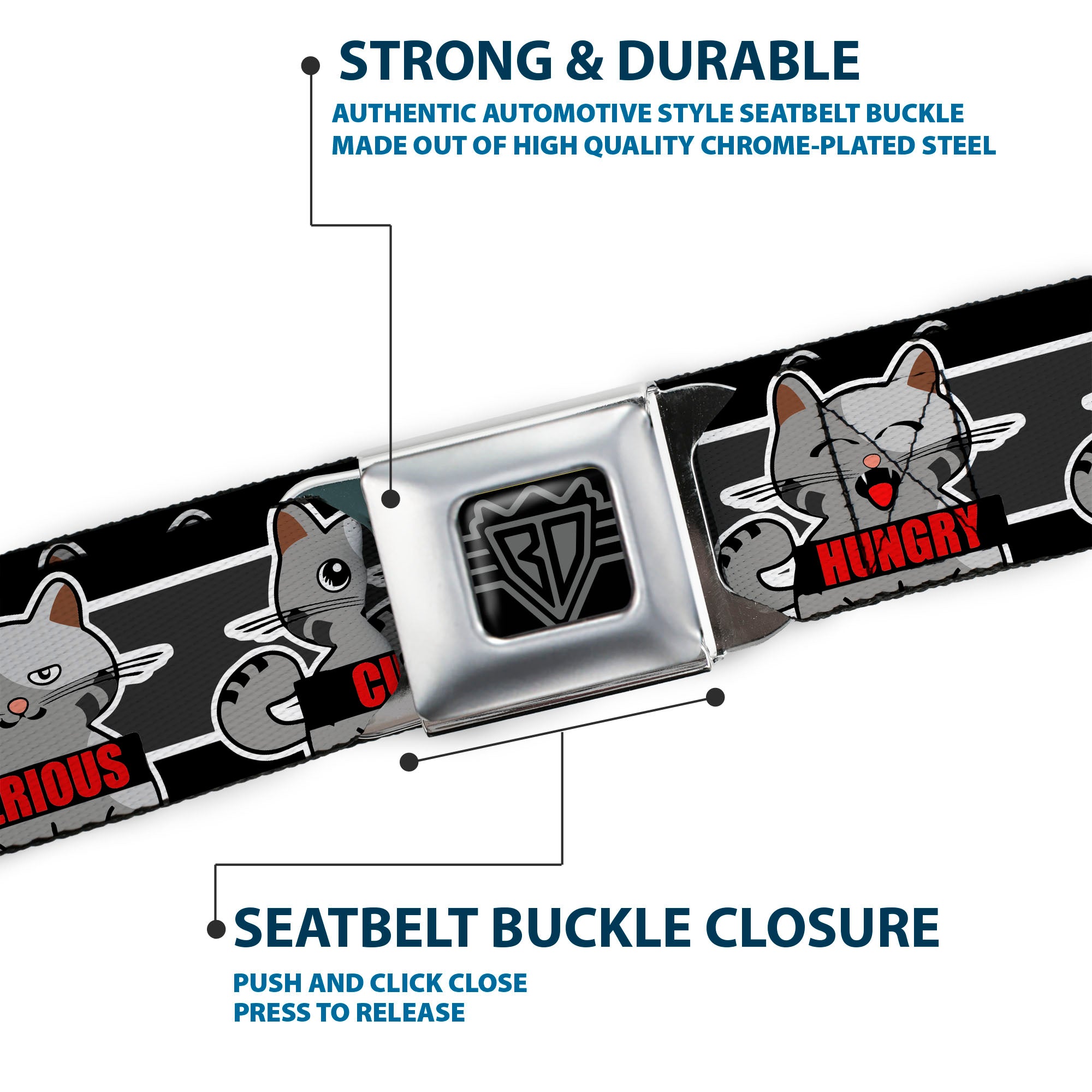 BD Wings Logo CLOSE-UP Black/Silver Seatbelt Belt - Cat 6-Mood Poses/Stripe Black/White/Grays Webbing Seatbelt Belts Buckle-Down