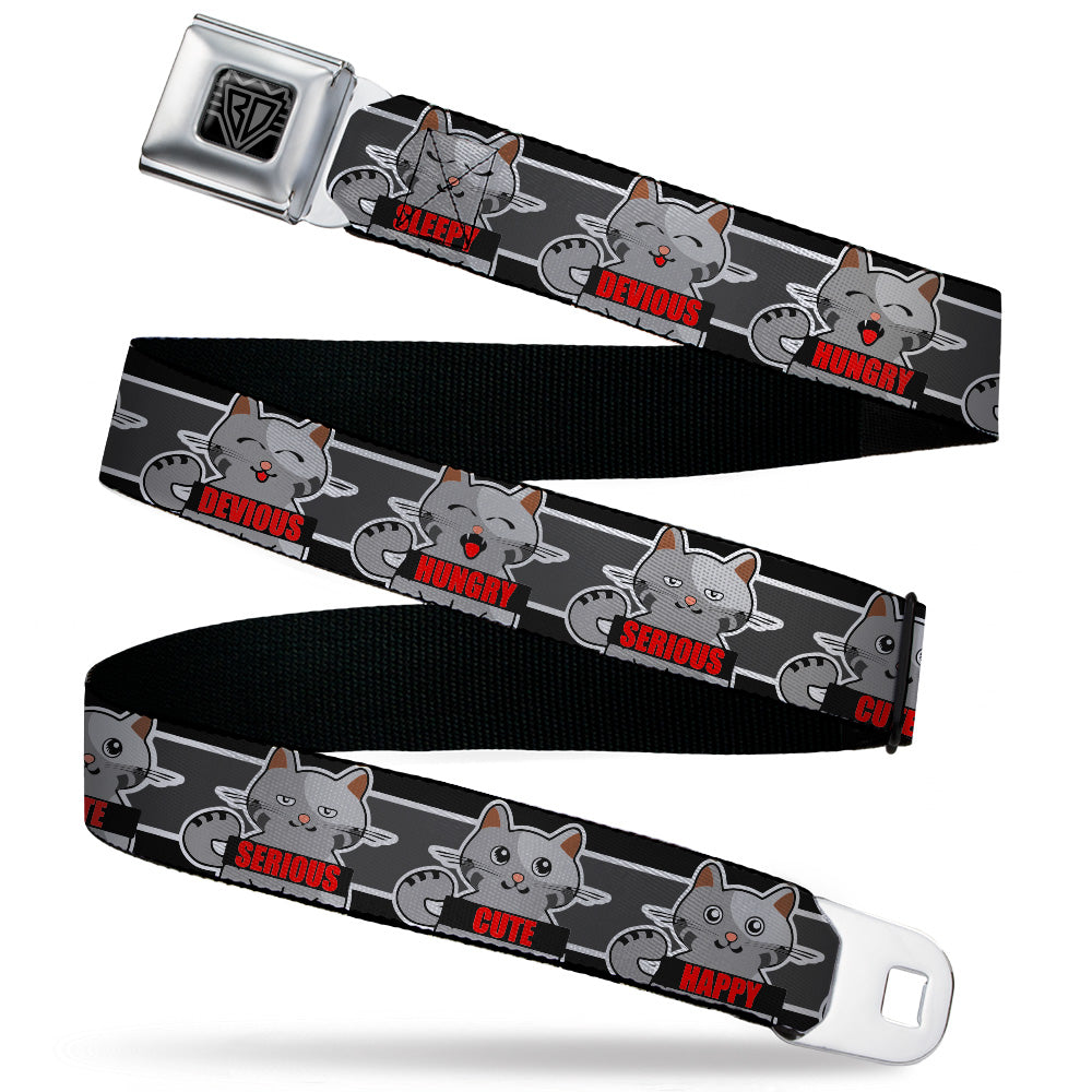 BD Wings Logo CLOSE-UP Black/Silver Seatbelt Belt - Cat 6-Mood Poses/Stripe Black/White/Grays Webbing Seatbelt Belts Buckle-Down