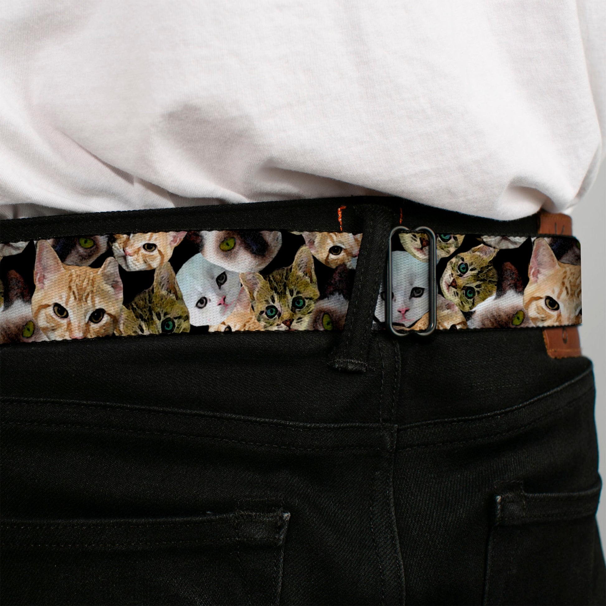 BD Wings Logo CLOSE-UP Black/Silver Seatbelt Belt - Cat Faces Stacked2 Webbing Seatbelt Belts Buckle-Down