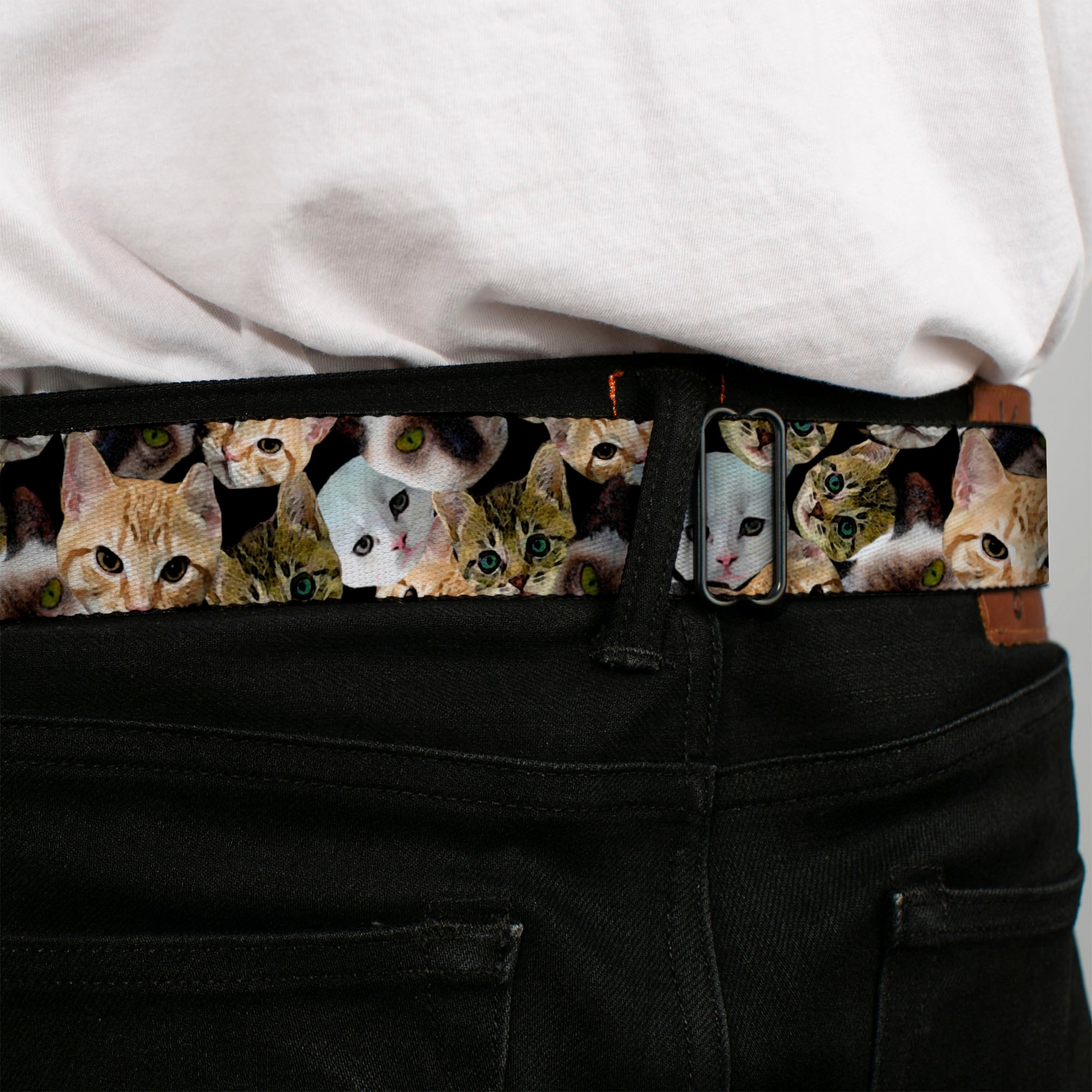 BD Wings Logo CLOSE-UP Black/Silver Seatbelt Belt - Cat Faces Stacked2 Webbing Seatbelt Belts Buckle-Down