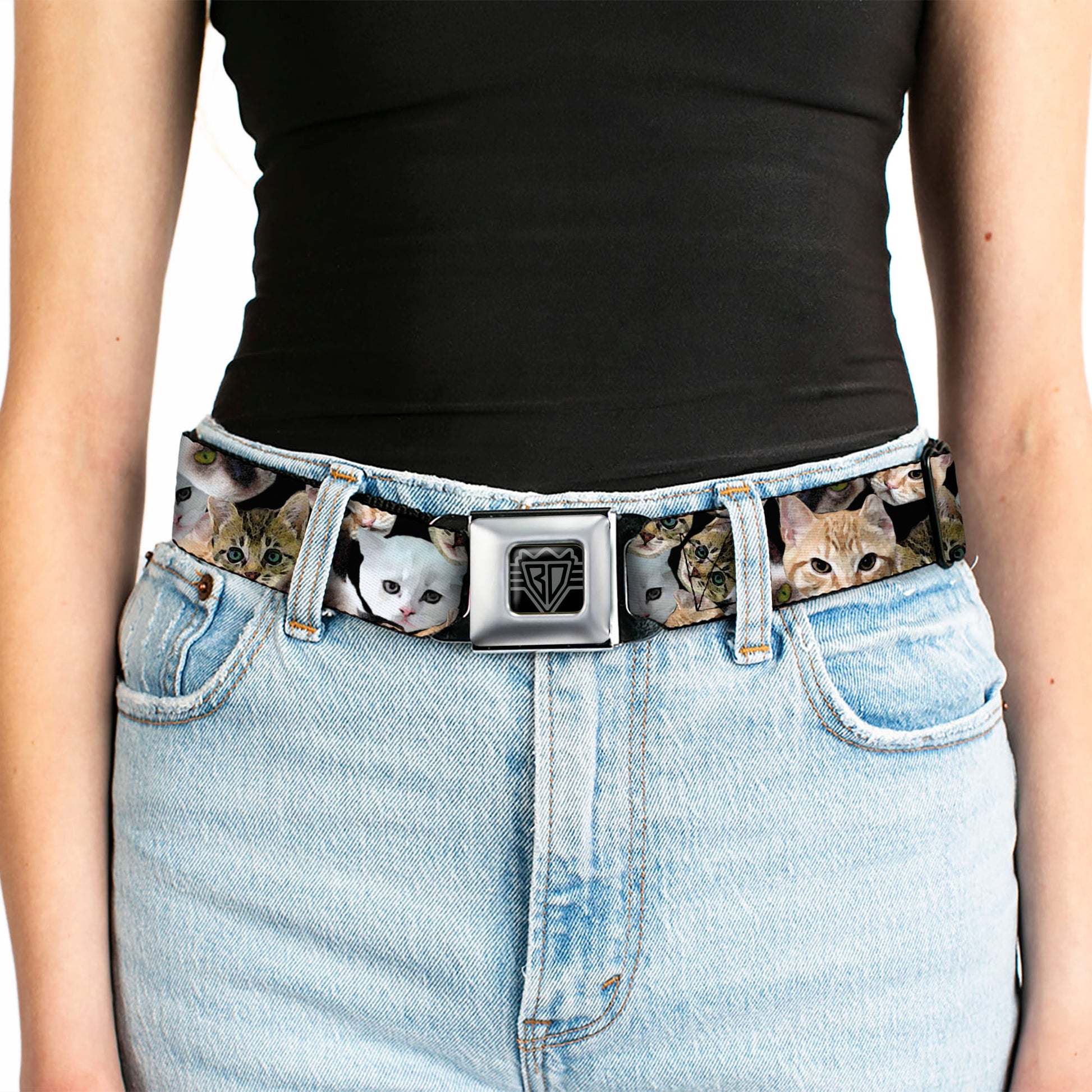 BD Wings Logo CLOSE-UP Black/Silver Seatbelt Belt - Cat Faces Stacked2 Webbing Seatbelt Belts Buckle-Down