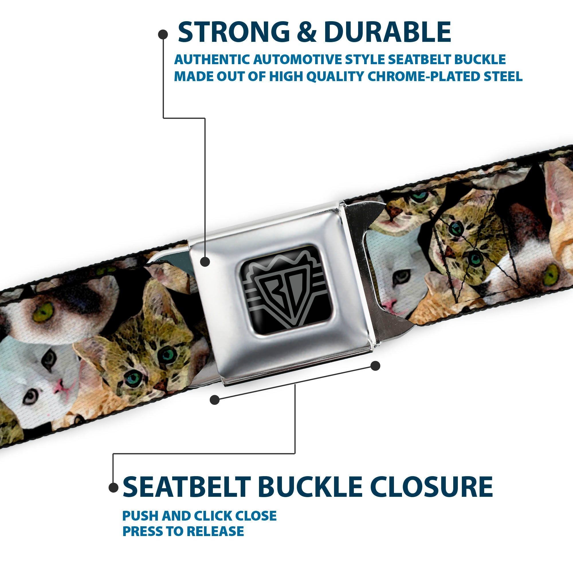 BD Wings Logo CLOSE-UP Black/Silver Seatbelt Belt - Cat Faces Stacked2 Webbing Seatbelt Belts Buckle-Down
