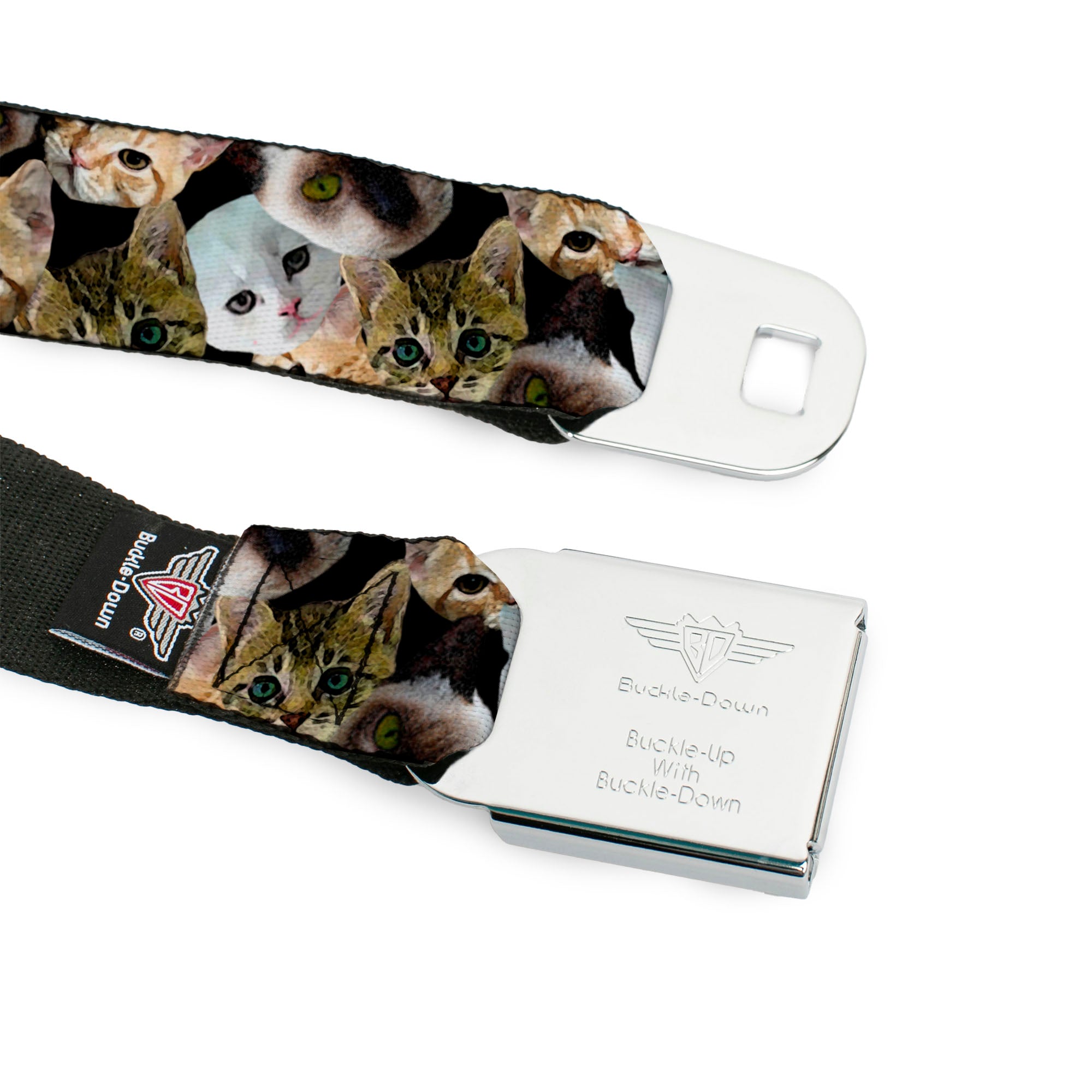 BD Wings Logo CLOSE-UP Black/Silver Seatbelt Belt - Cat Faces Stacked2 Webbing Seatbelt Belts Buckle-Down