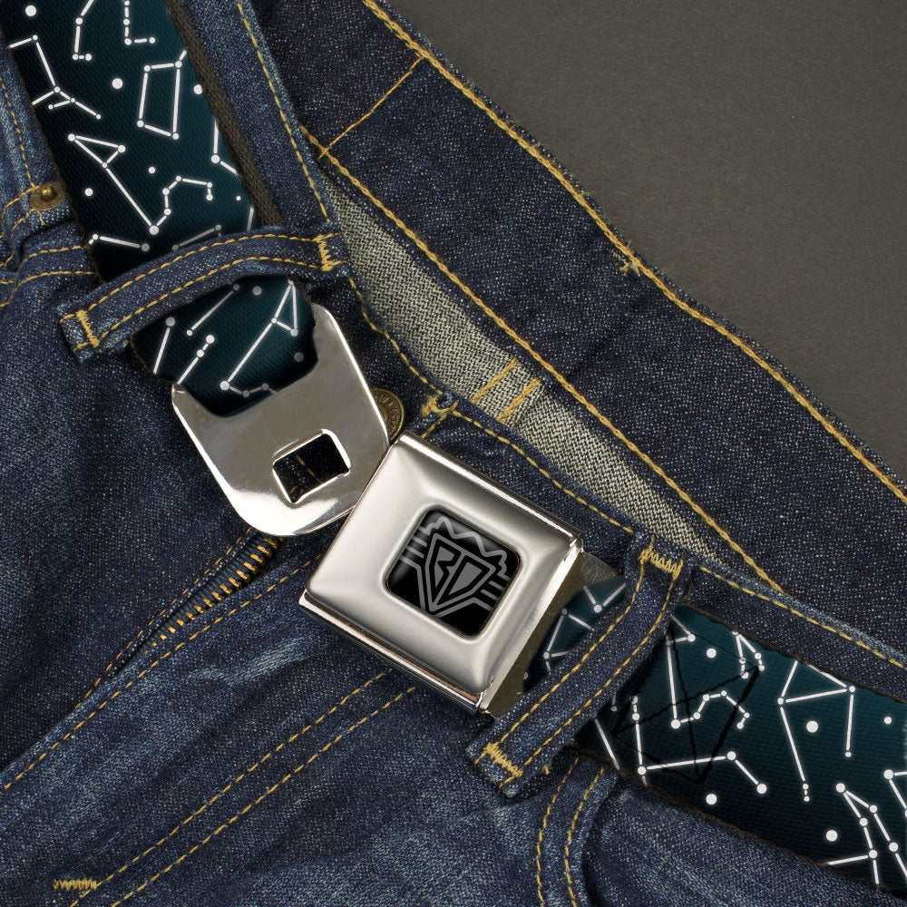 BD Wings Logo CLOSE-UP Black/Silver Seatbelt Belt - Constellations Scattered Midnight Blue/White Webbing Seatbelt Belts Buckle-Down