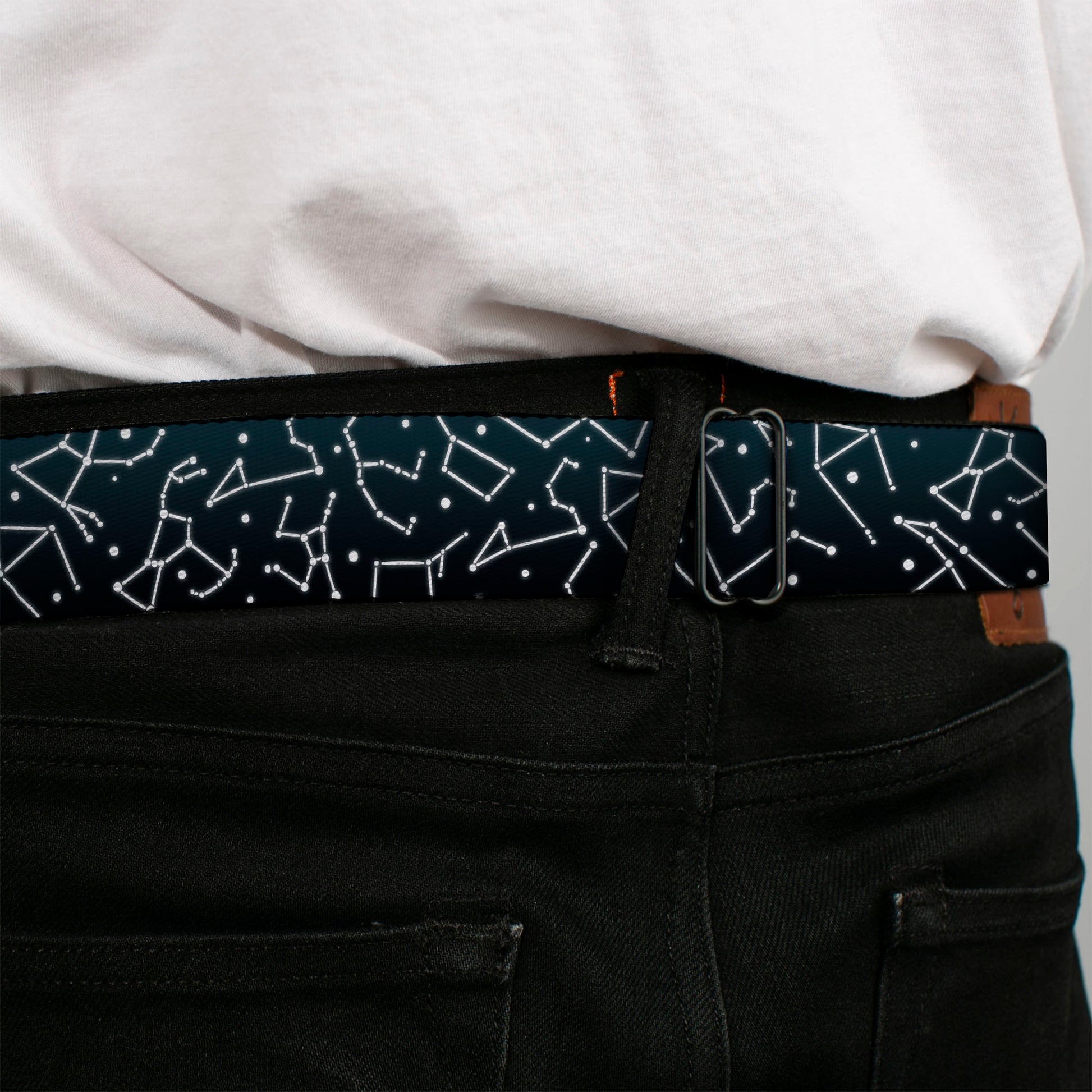 BD Wings Logo CLOSE-UP Black/Silver Seatbelt Belt - Constellations Scattered Midnight Blue/White Webbing Seatbelt Belts Buckle-Down