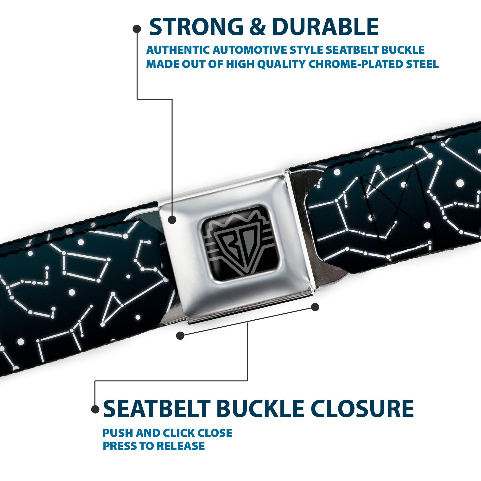 BD Wings Logo CLOSE-UP Black/Silver Seatbelt Belt - Constellations Scattered Midnight Blue/White Webbing Seatbelt Belts Buckle-Down