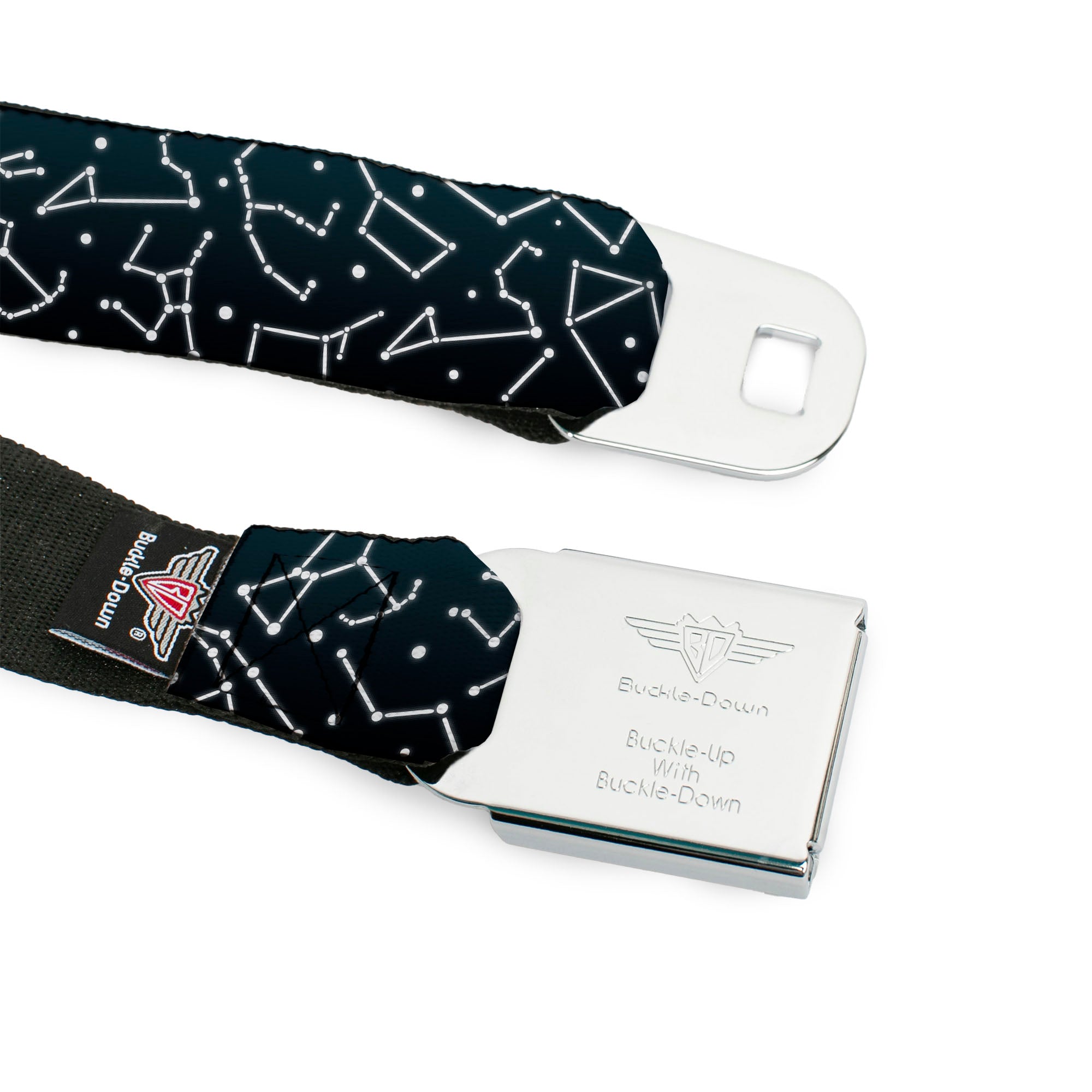BD Wings Logo CLOSE-UP Black/Silver Seatbelt Belt - Constellations Scattered Midnight Blue/White Webbing Seatbelt Belts Buckle-Down