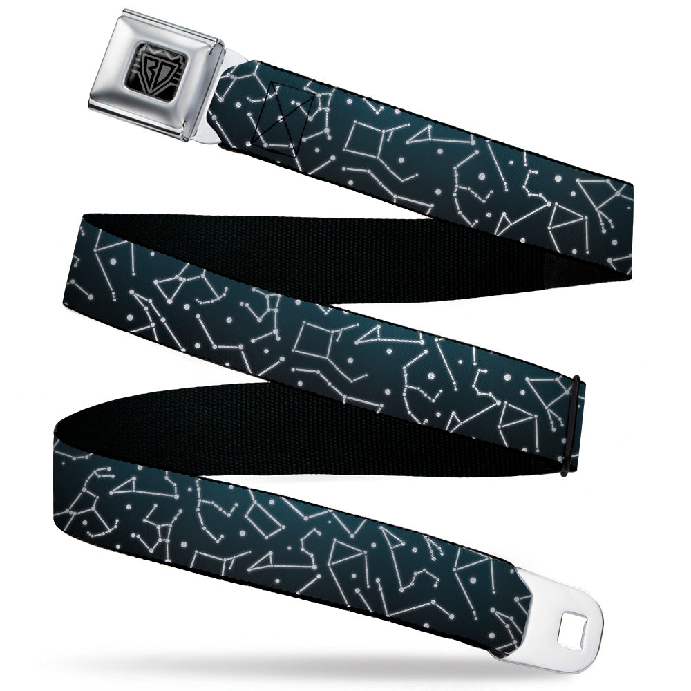 BD Wings Logo CLOSE-UP Black/Silver Seatbelt Belt - Constellations Scattered Midnight Blue/White Webbing Seatbelt Belts Buckle-Down