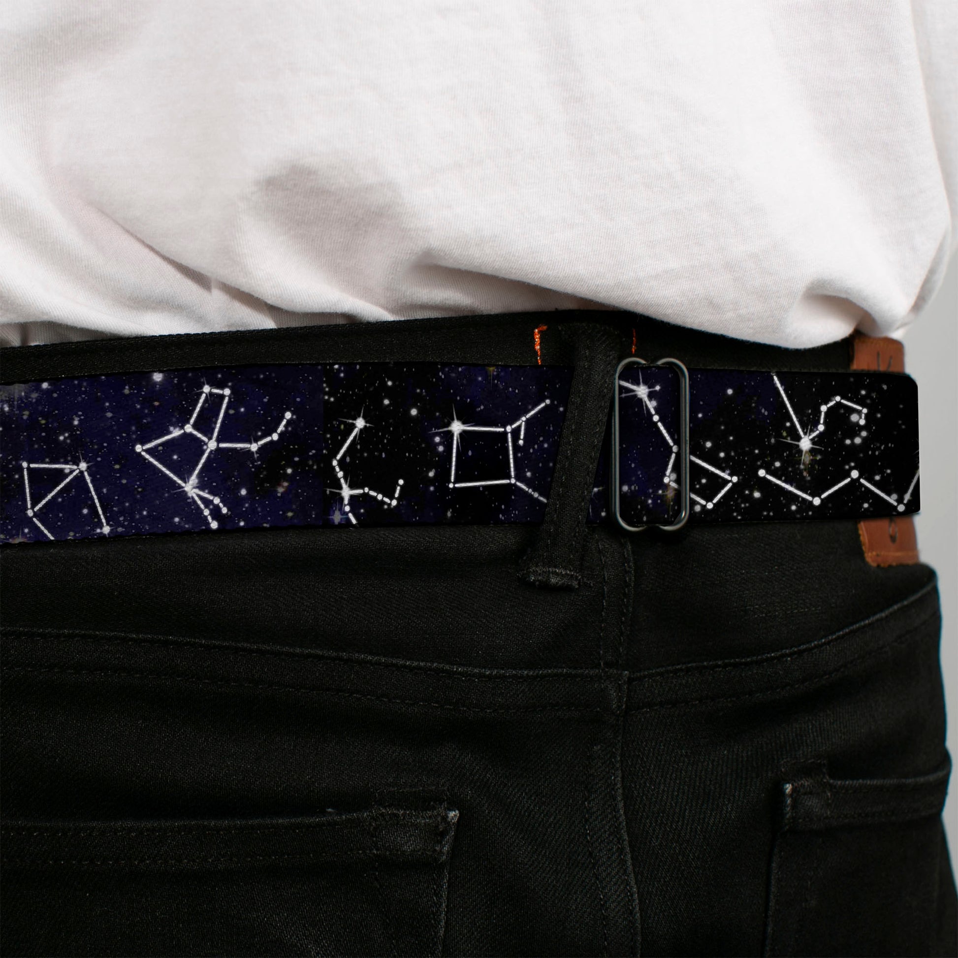 BD Wings Logo CLOSE-UP Black/Silver Seatbelt Belt - Constellations-14 Galaxy/White Webbing Seatbelt Belts Buckle-Down