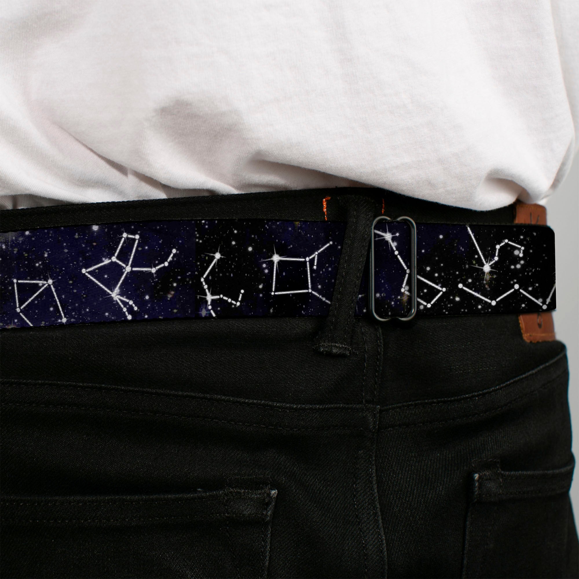 BD Wings Logo CLOSE-UP Black/Silver Seatbelt Belt - Constellations-14 Galaxy/White Webbing Seatbelt Belts Buckle-Down
