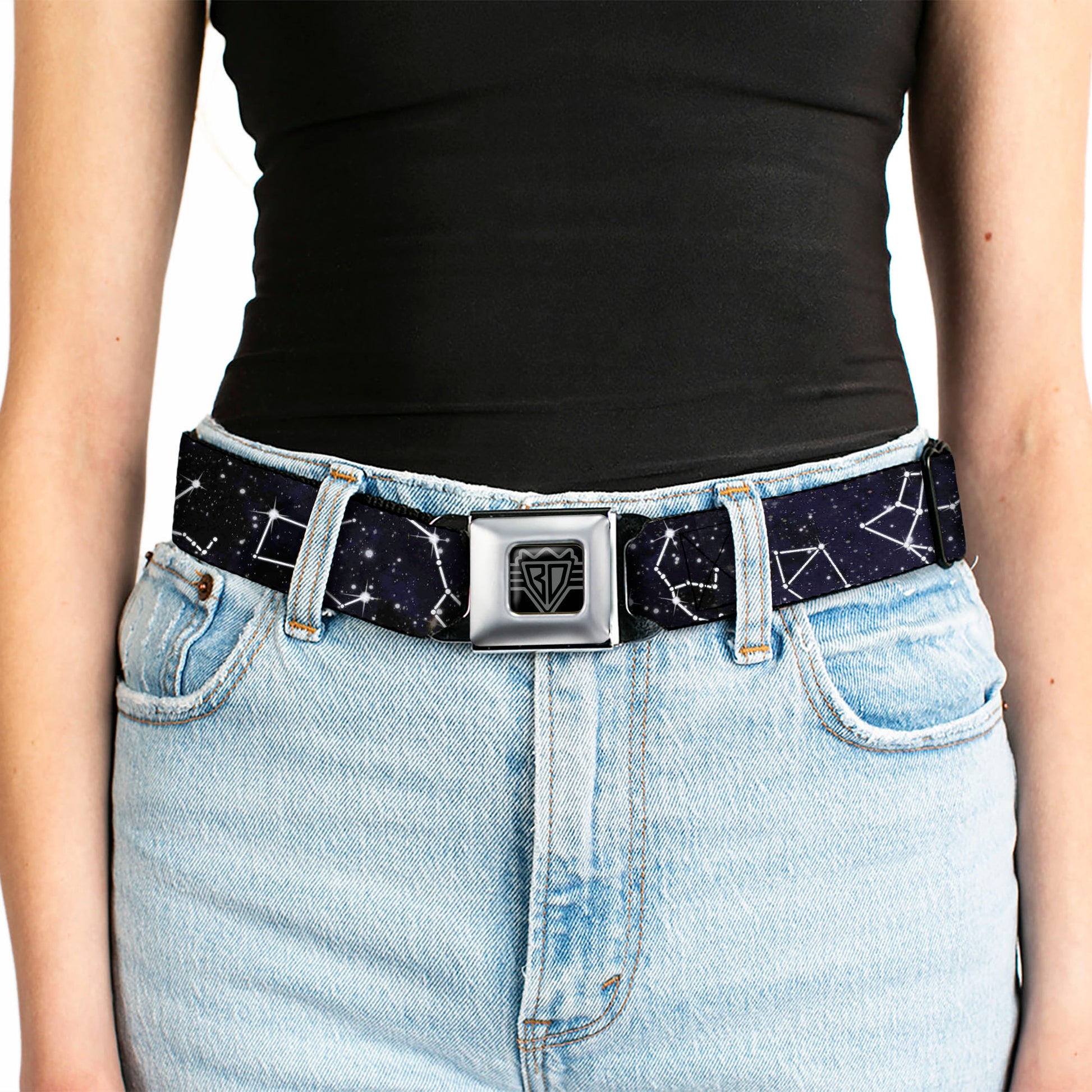 BD Wings Logo CLOSE-UP Black/Silver Seatbelt Belt - Constellations-14 Galaxy/White Webbing Seatbelt Belts Buckle-Down