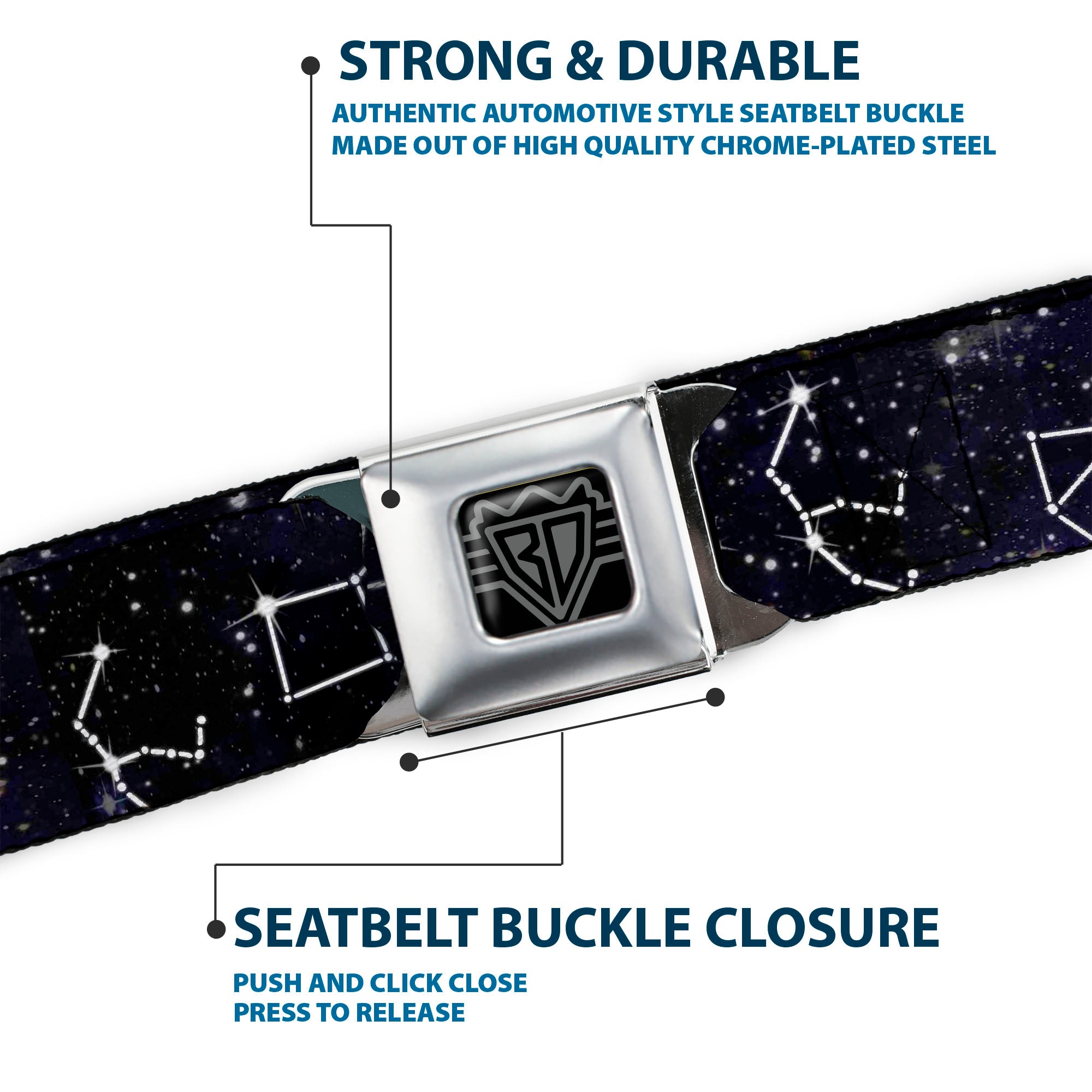 BD Wings Logo CLOSE-UP Black/Silver Seatbelt Belt - Constellations-14 Galaxy/White Webbing Seatbelt Belts Buckle-Down
