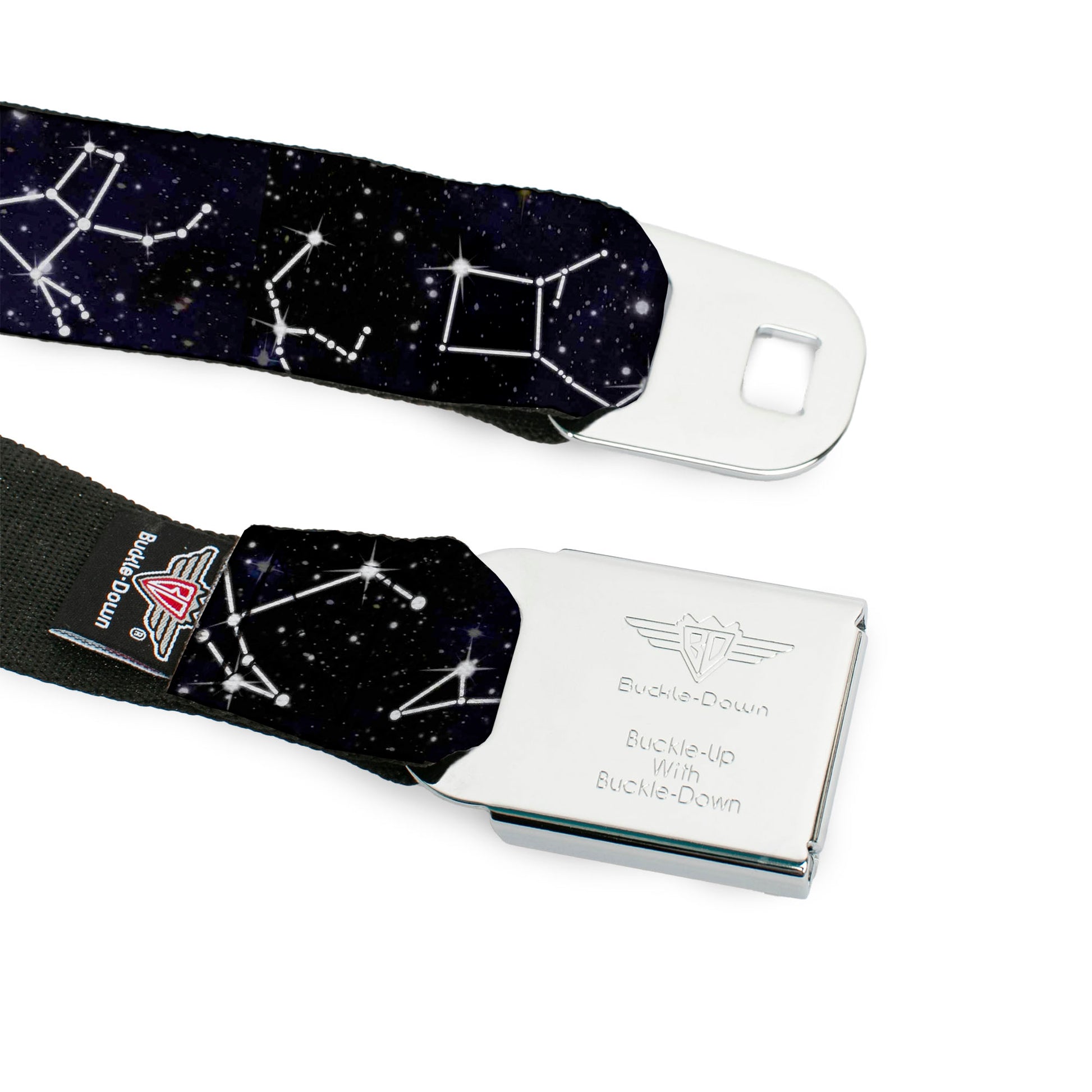 BD Wings Logo CLOSE-UP Black/Silver Seatbelt Belt - Constellations-14 Galaxy/White Webbing Seatbelt Belts Buckle-Down