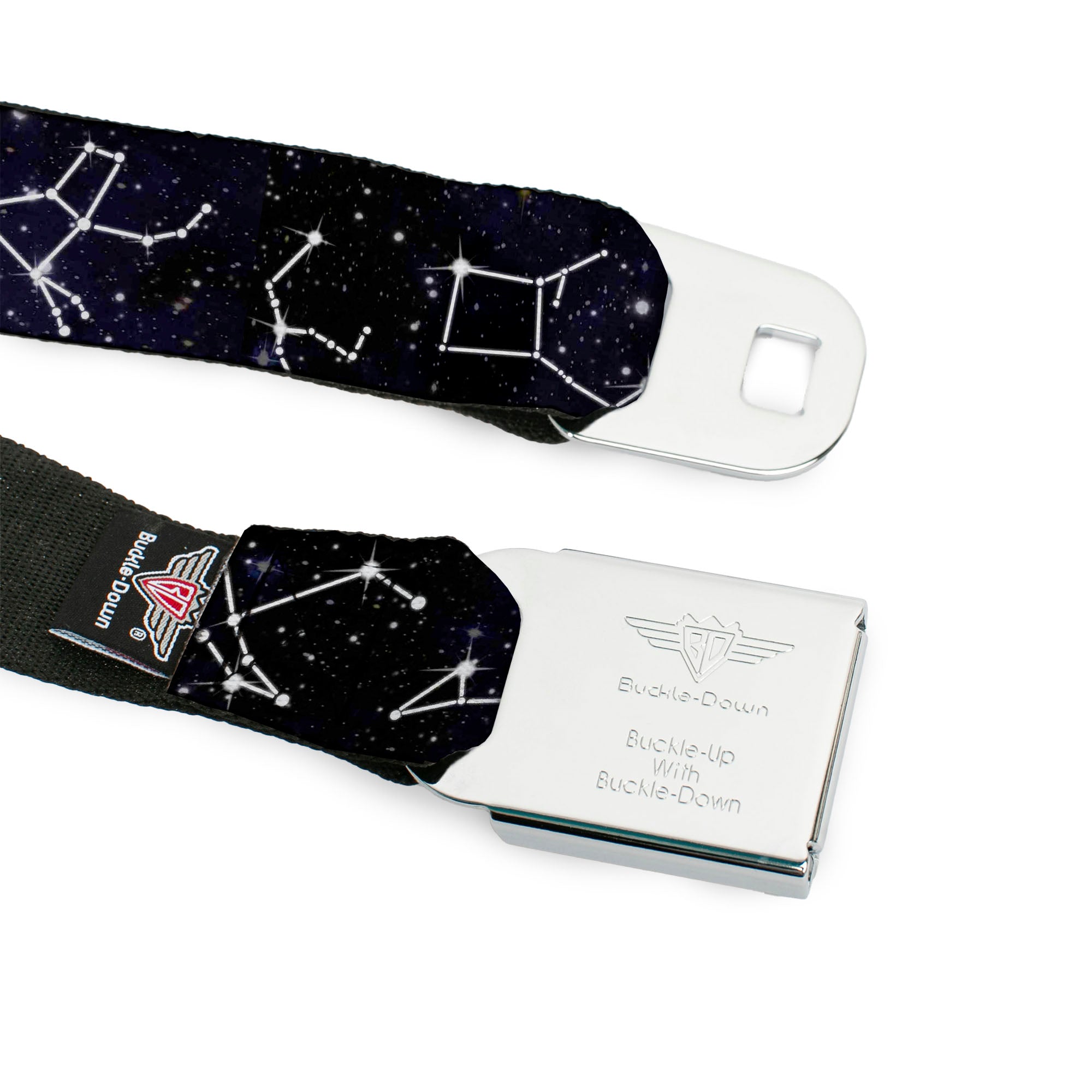 BD Wings Logo CLOSE-UP Black/Silver Seatbelt Belt - Constellations-14 Galaxy/White Webbing Seatbelt Belts Buckle-Down