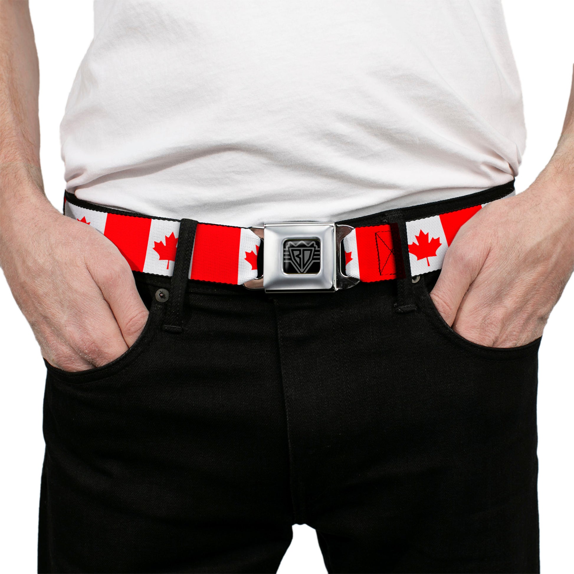 BD Wings Logo CLOSE-UP Black/Silver Seatbelt Belt - Canada Flag Continuous Webbing Seatbelt Belts Buckle-Down