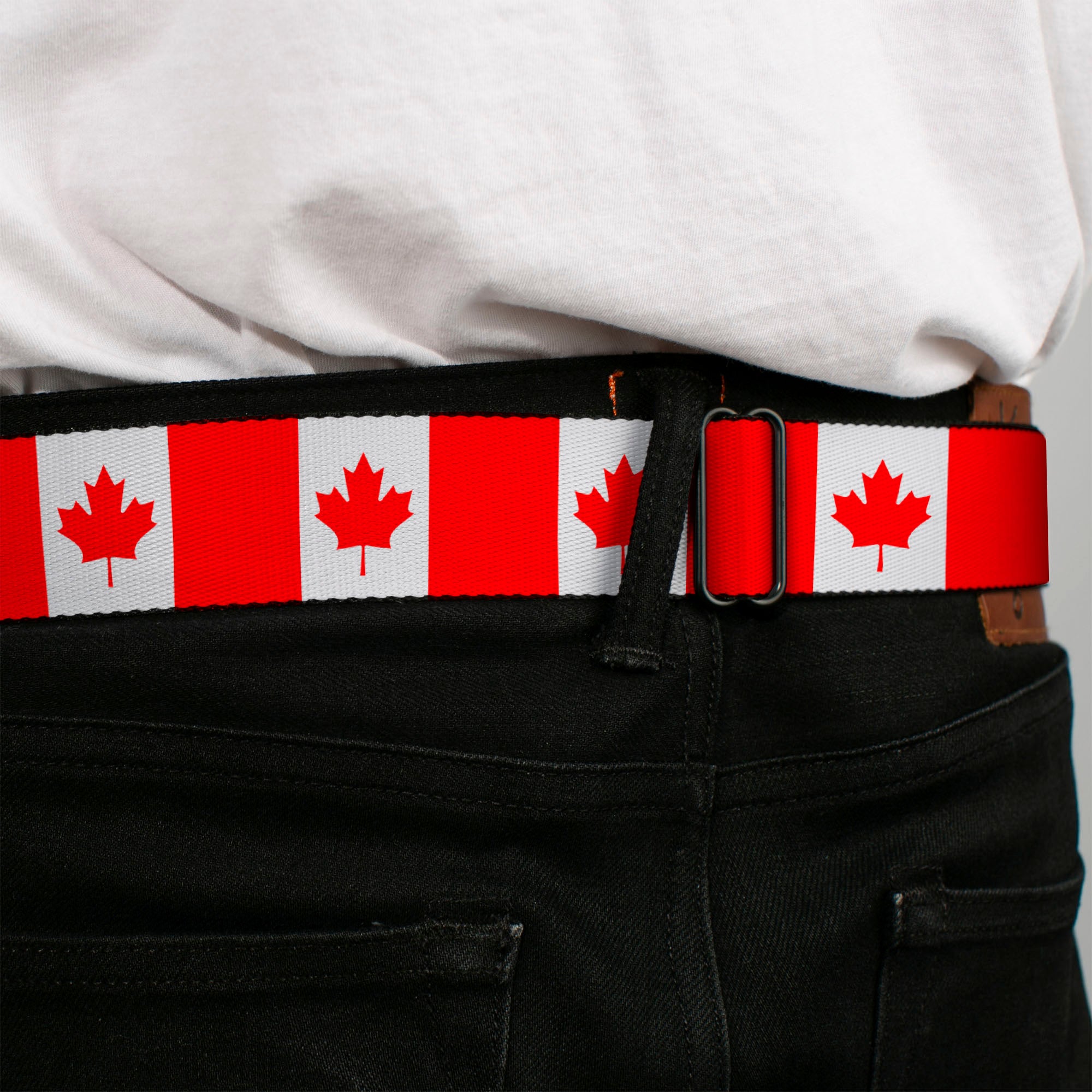 BD Wings Logo CLOSE-UP Black/Silver Seatbelt Belt - Canada Flag Continuous Webbing Seatbelt Belts Buckle-Down