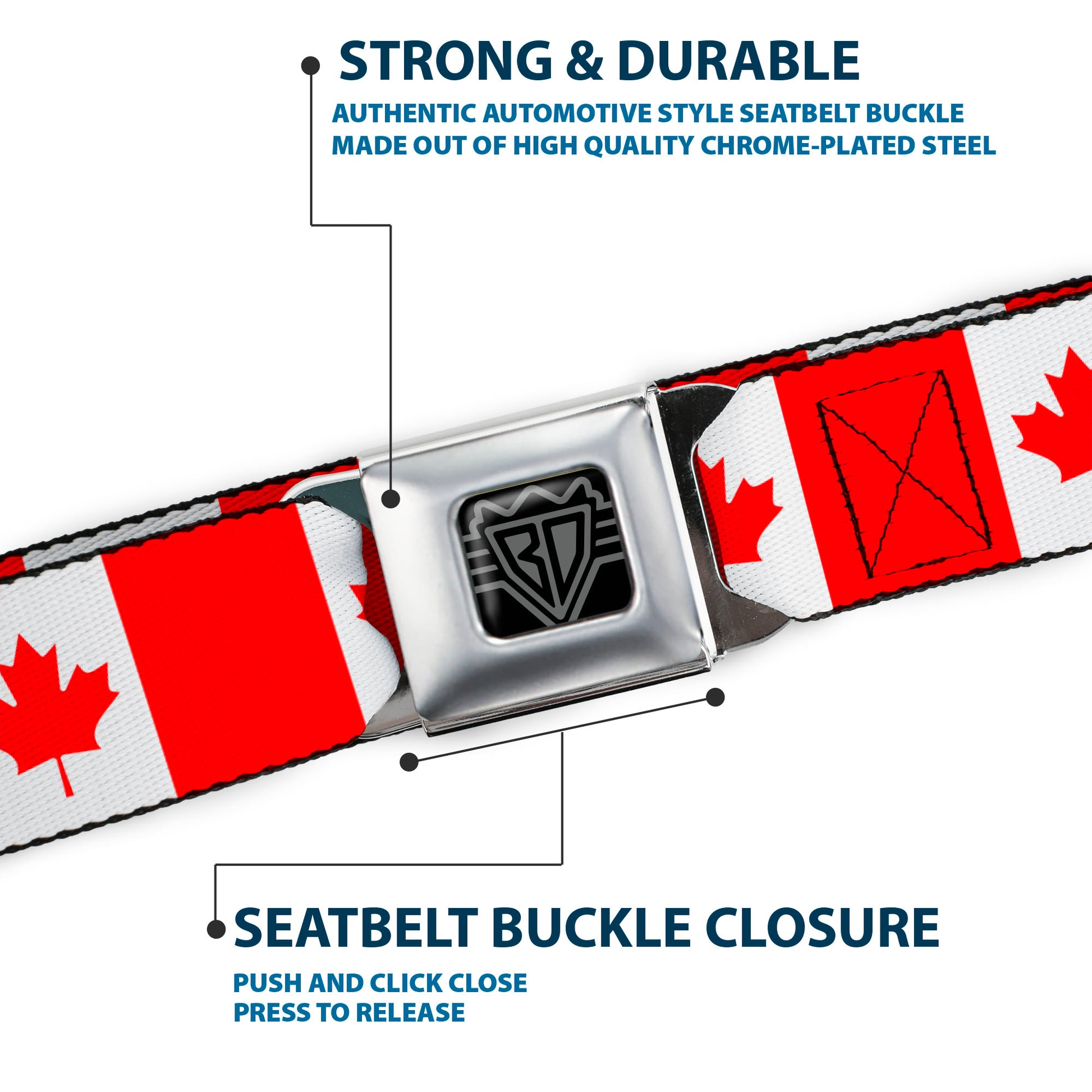BD Wings Logo CLOSE-UP Black/Silver Seatbelt Belt - Canada Flag Continuous Webbing Seatbelt Belts Buckle-Down