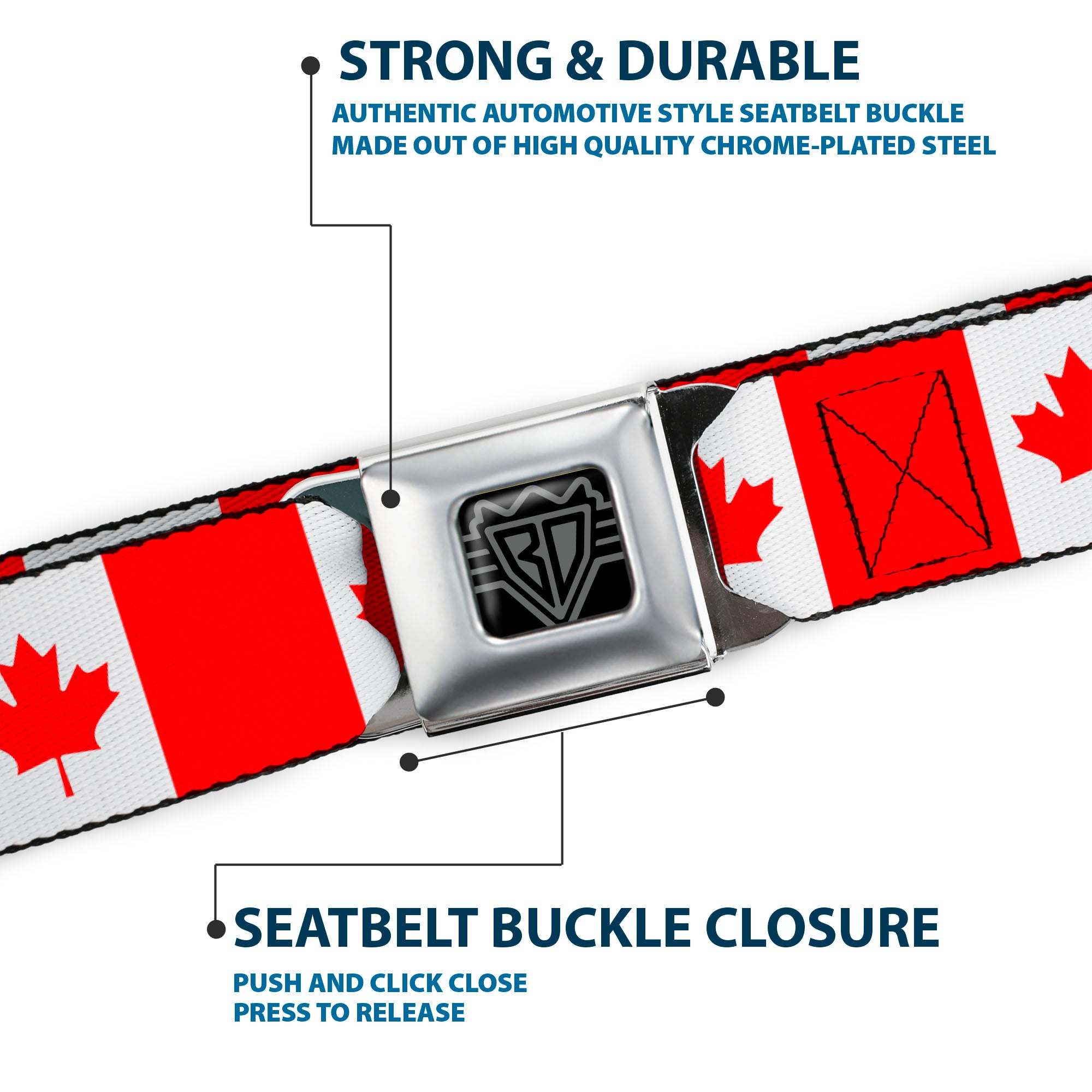 BD Wings Logo CLOSE-UP Black/Silver Seatbelt Belt - Canada Flag Continuous Webbing Seatbelt Belts Buckle-Down