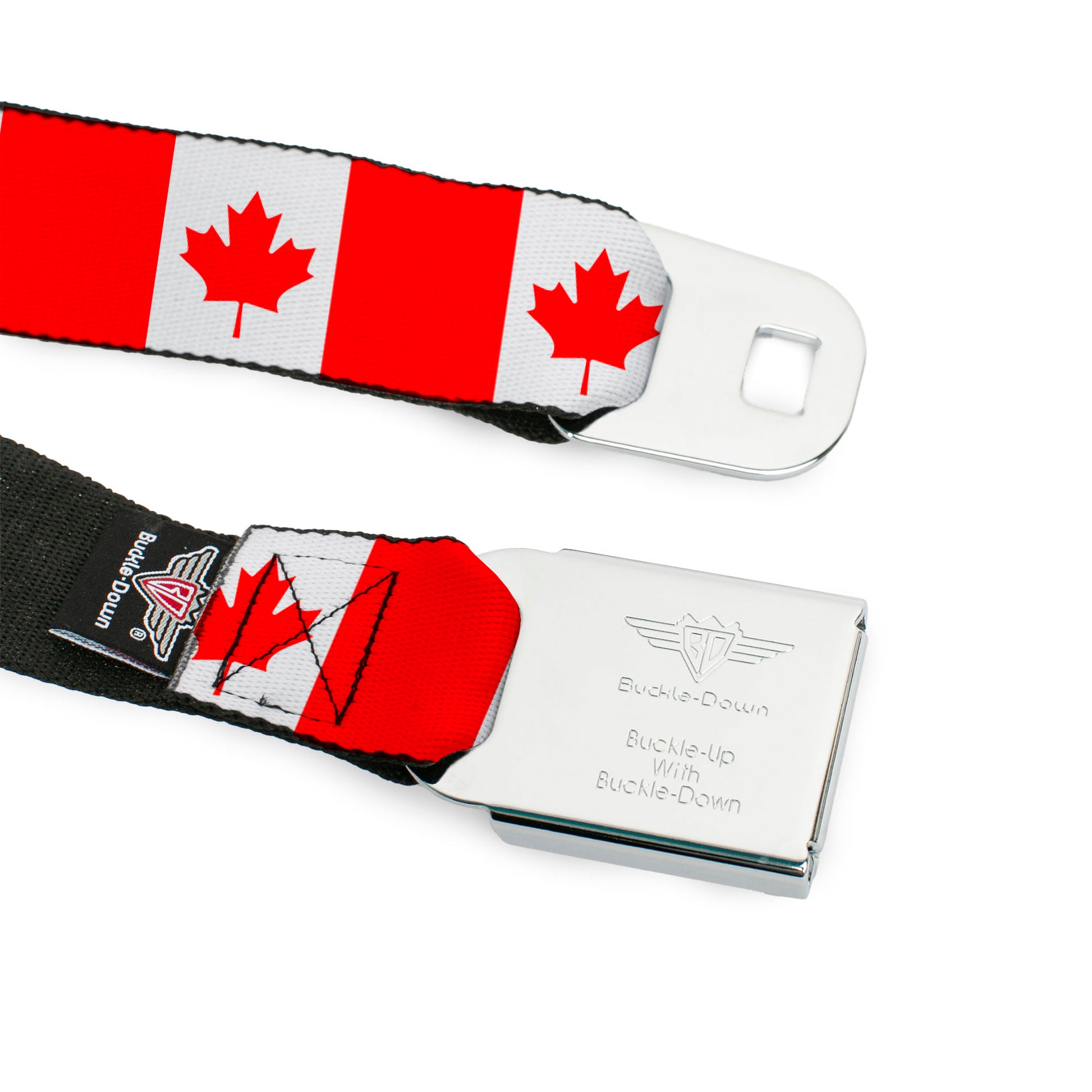 BD Wings Logo CLOSE-UP Black/Silver Seatbelt Belt - Canada Flag Continuous Webbing Seatbelt Belts Buckle-Down