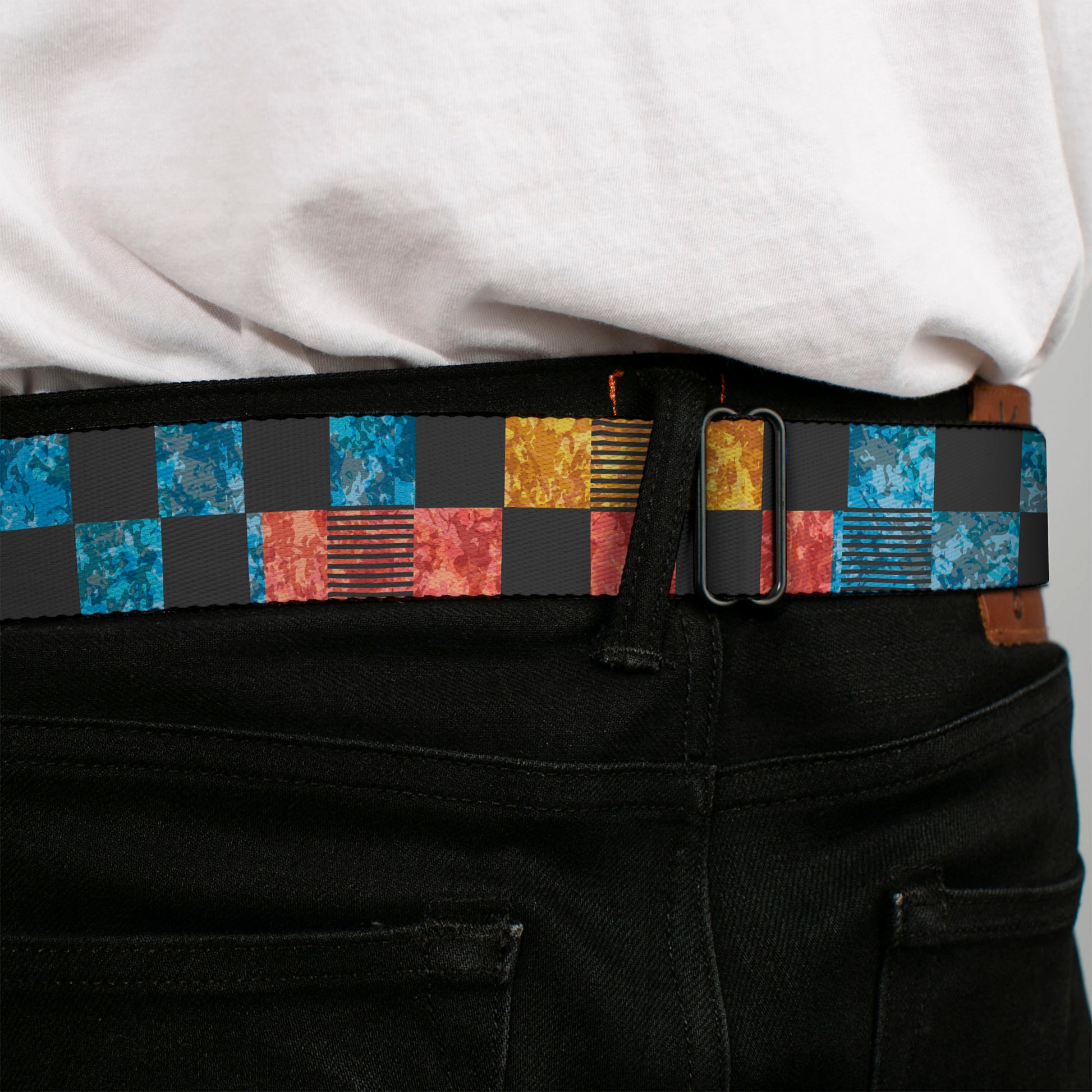 BD Wings Logo CLOSE-UP Black/Silver Seatbelt Belt - Checkers Distressed Multi Color/Black Webbing Seatbelt Belts Buckle-Down