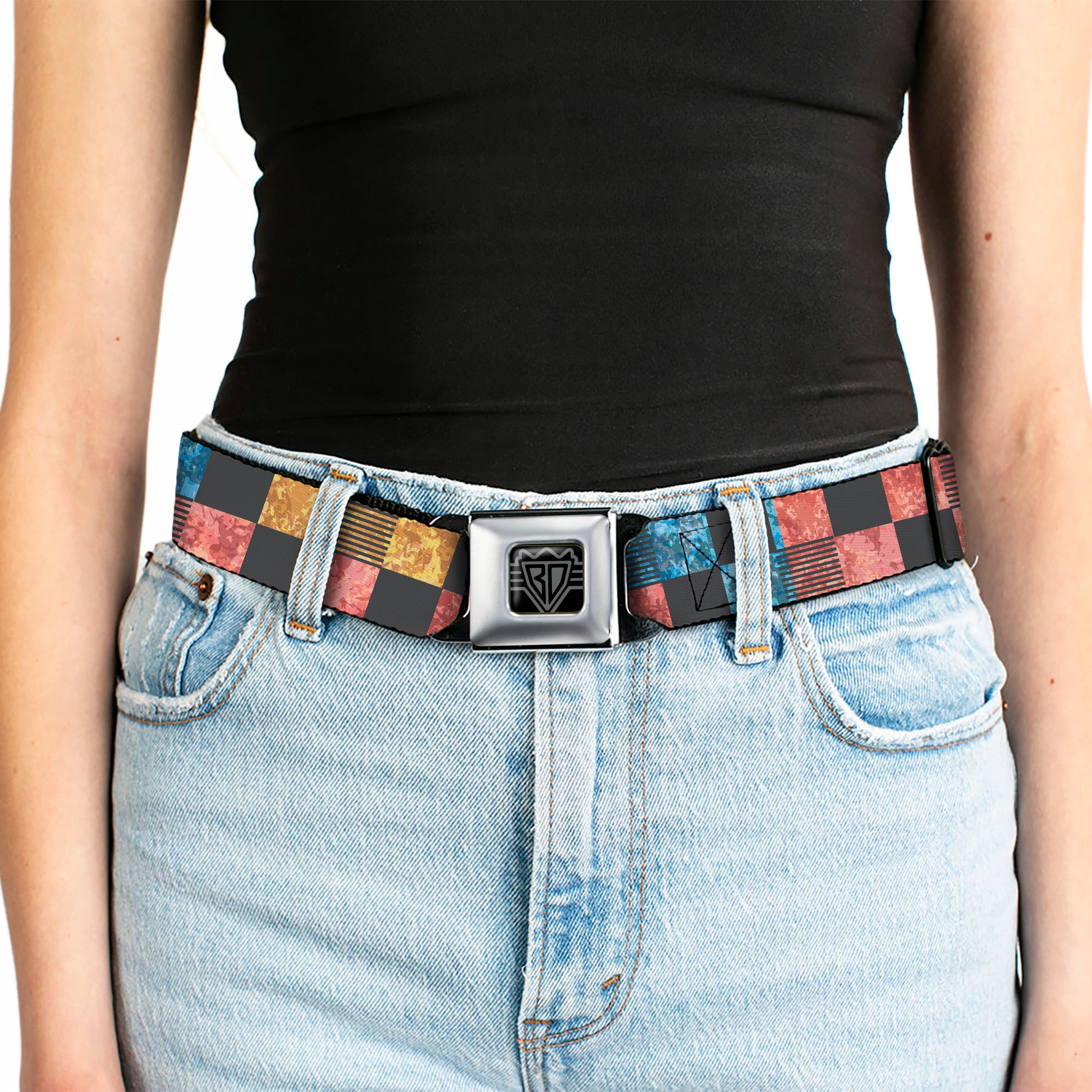 BD Wings Logo CLOSE-UP Black/Silver Seatbelt Belt - Checkers Distressed Multi Color/Black Webbing Seatbelt Belts Buckle-Down
