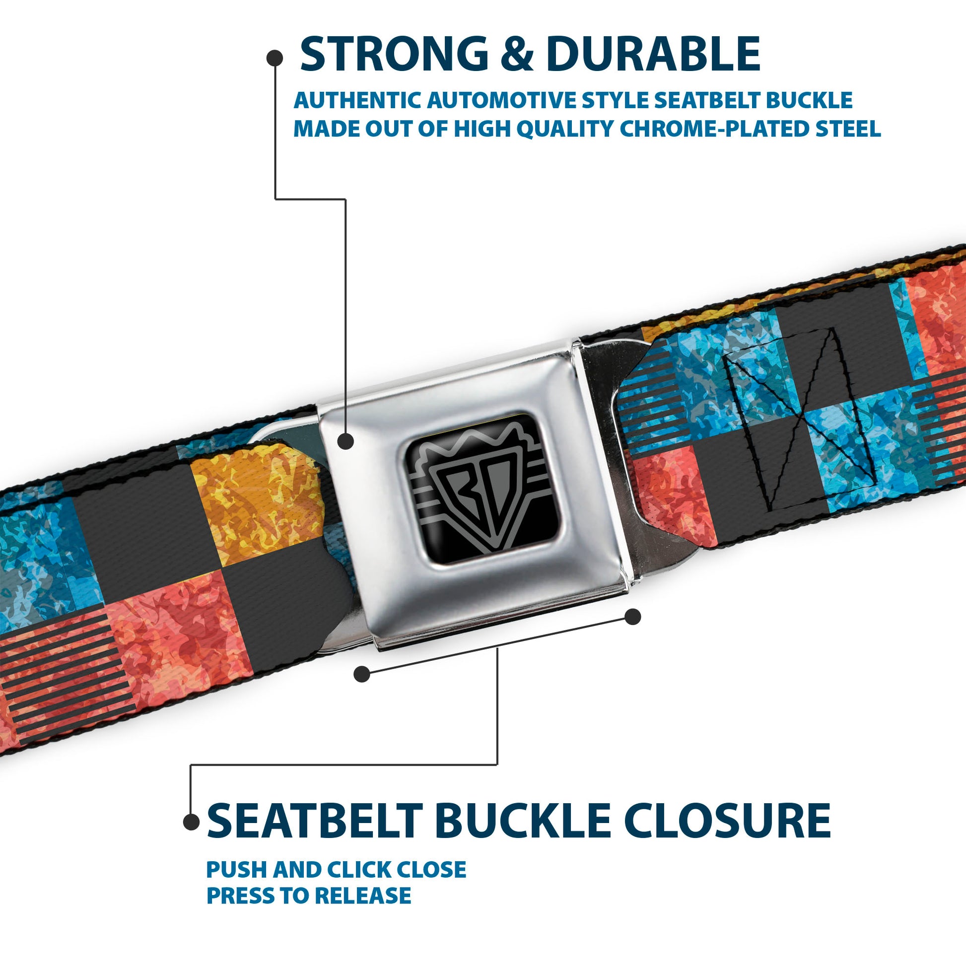 BD Wings Logo CLOSE-UP Black/Silver Seatbelt Belt - Checkers Distressed Multi Color/Black Webbing Seatbelt Belts Buckle-Down