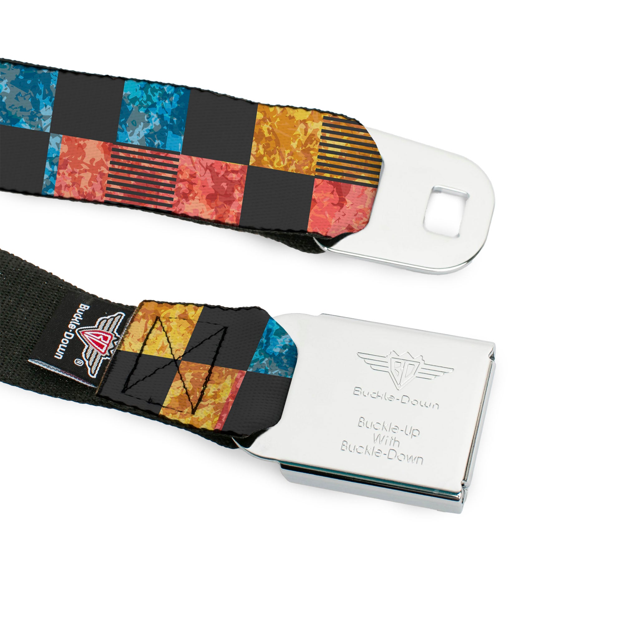 BD Wings Logo CLOSE-UP Black/Silver Seatbelt Belt - Checkers Distressed Multi Color/Black Webbing Seatbelt Belts Buckle-Down