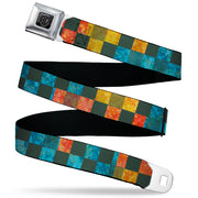 BD Wings Logo CLOSE-UP Black/Silver Seatbelt Belt - Checkers Distressed Multi Color/Black Webbing Seatbelt Belts Buckle-Down