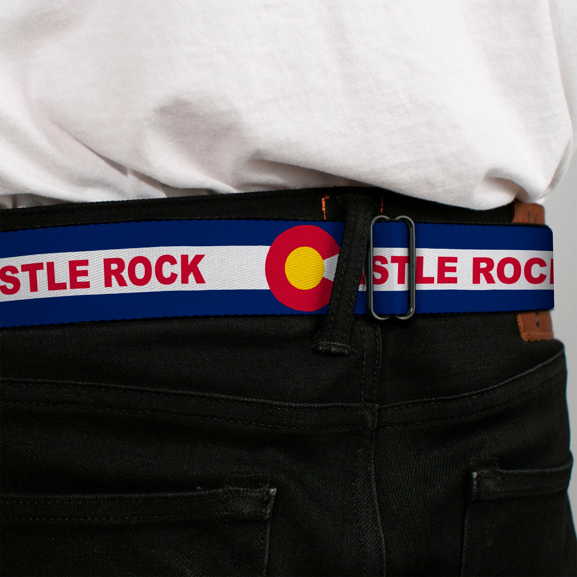 BD Wings Logo CLOSE-UP Black/Silver Seatbelt Belt - Colorado CASTLE ROCK Flag Blue/White/Red/Yellows Webbing Seatbelt Belts Buckle-Down