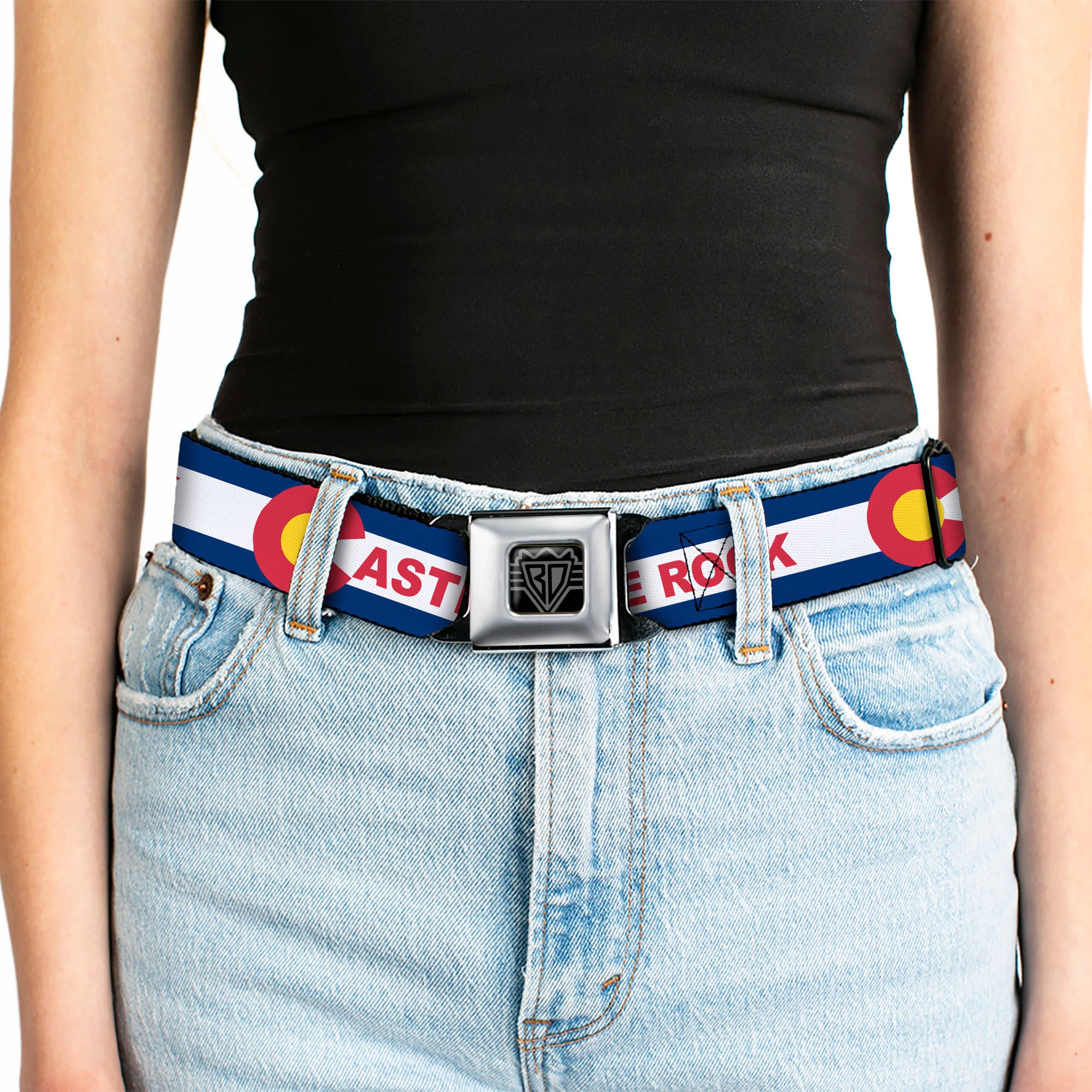 BD Wings Logo CLOSE-UP Black/Silver Seatbelt Belt - Colorado CASTLE ROCK Flag Blue/White/Red/Yellows Webbing Seatbelt Belts Buckle-Down