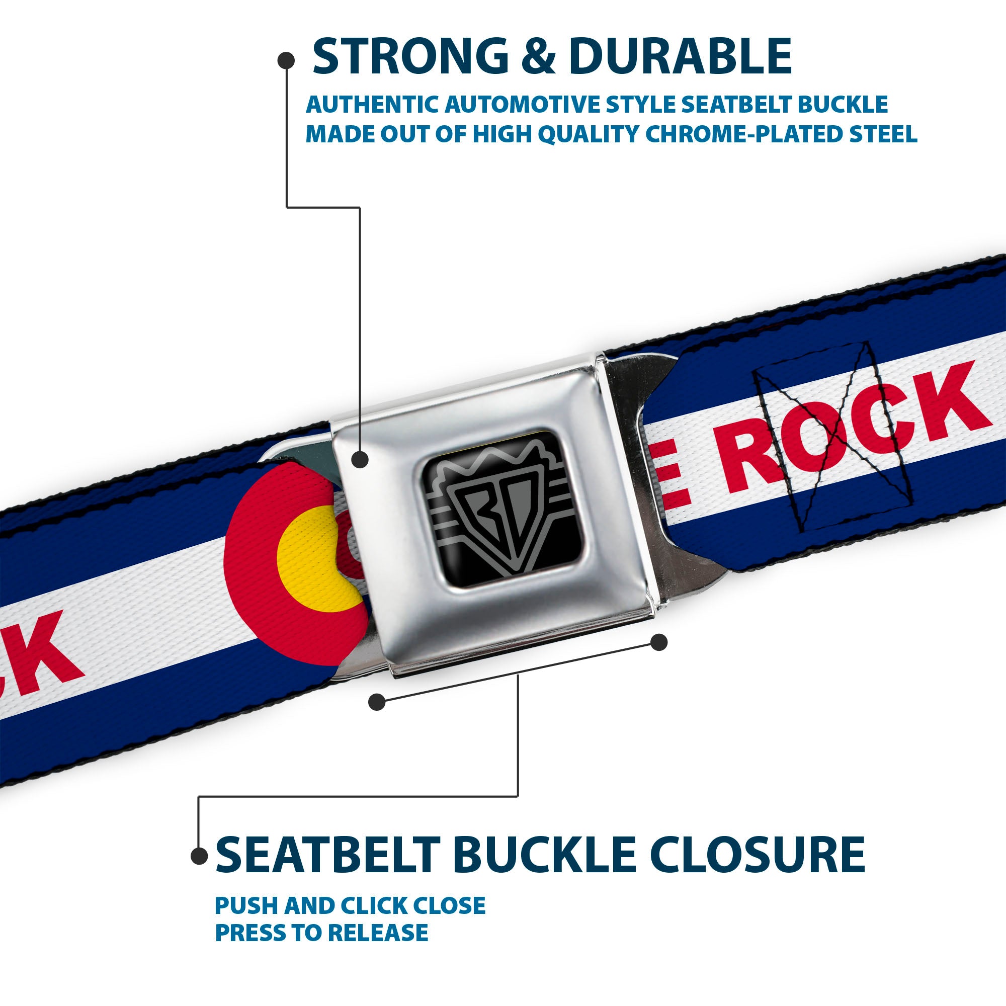 BD Wings Logo CLOSE-UP Black/Silver Seatbelt Belt - Colorado CASTLE ROCK Flag Blue/White/Red/Yellows Webbing Seatbelt Belts Buckle-Down