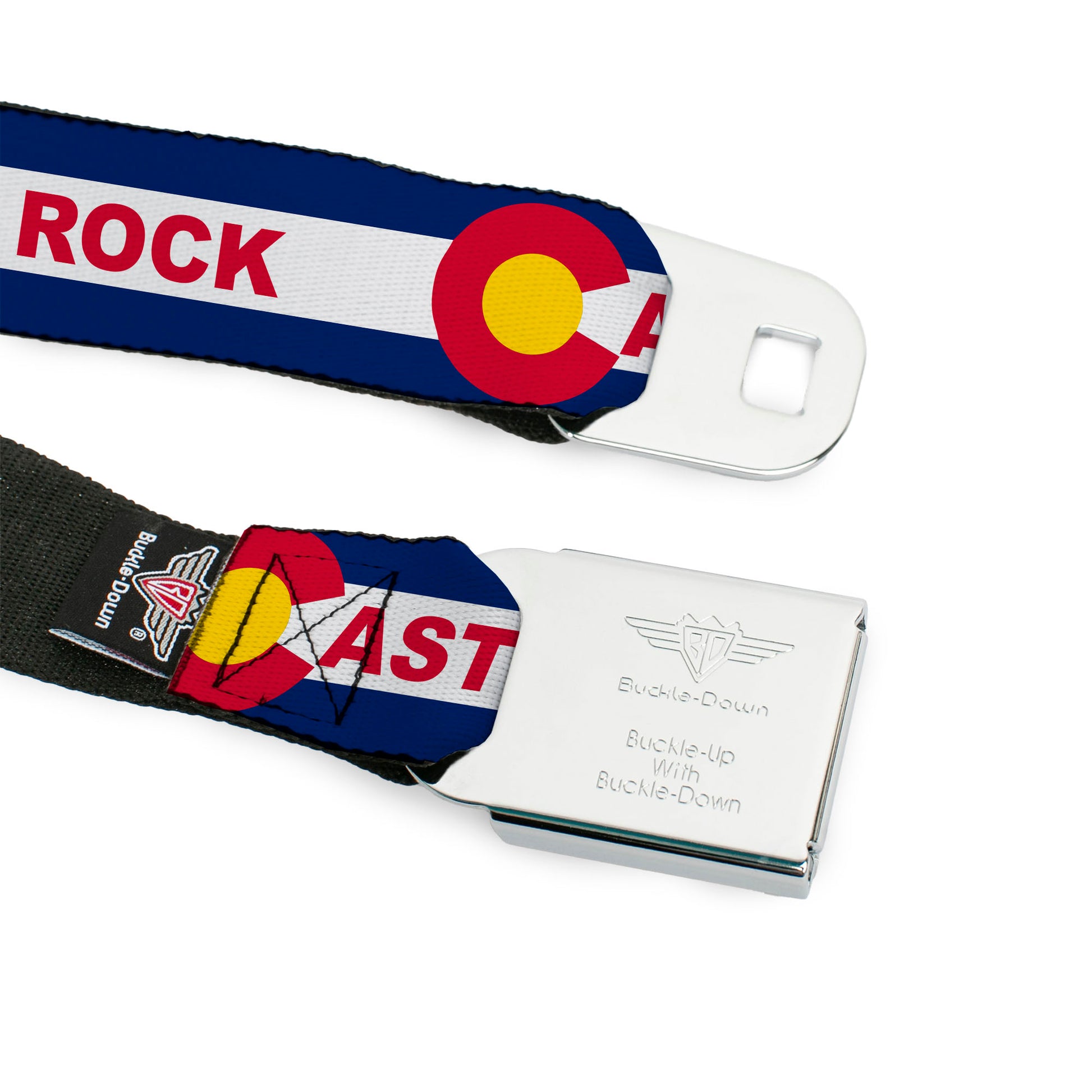 BD Wings Logo CLOSE-UP Black/Silver Seatbelt Belt - Colorado CASTLE ROCK Flag Blue/White/Red/Yellows Webbing Seatbelt Belts Buckle-Down
