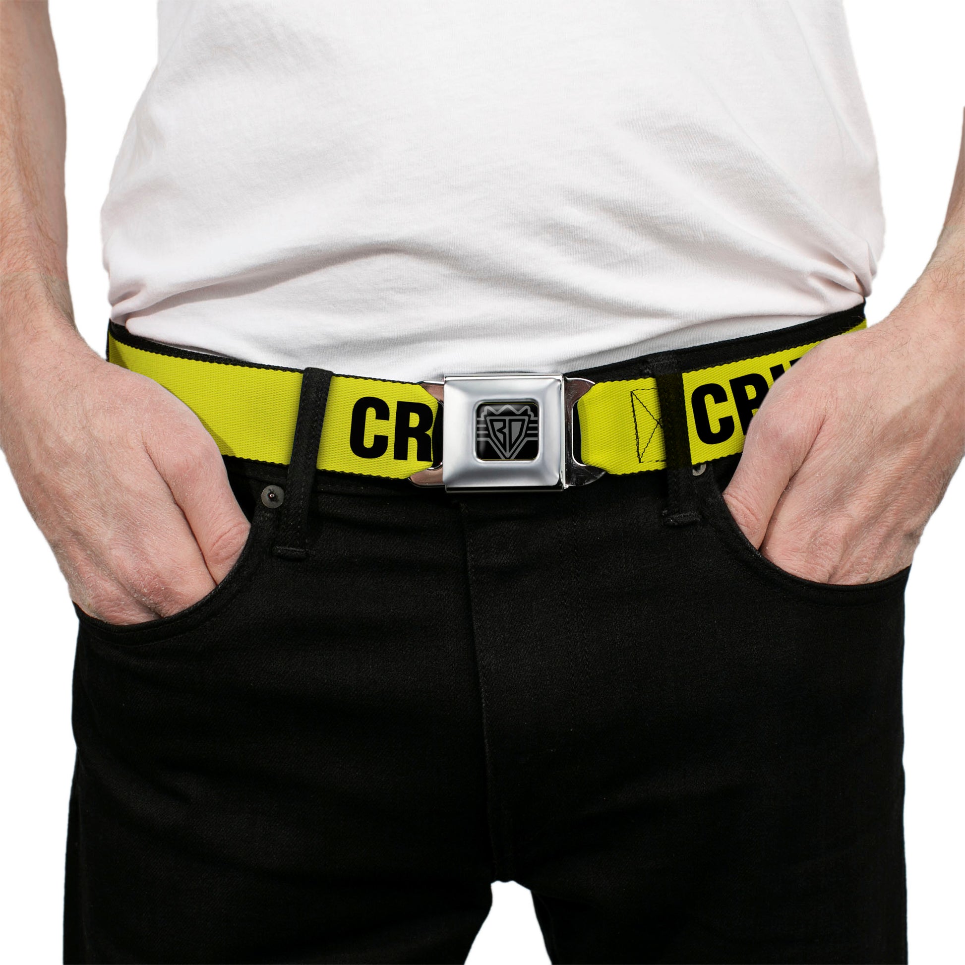 BD Wings Logo CLOSE-UP Full Color Black Silver Seatbelt Belt - CRIME SCENE DO NOT CROSS Yellow/Black Webbing Seatbelt Belts Buckle-Down