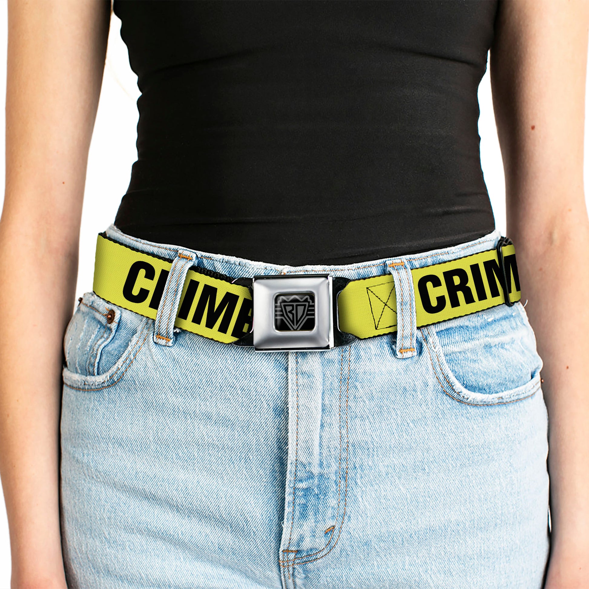 BD Wings Logo CLOSE-UP Full Color Black Silver Seatbelt Belt - CRIME SCENE DO NOT CROSS Yellow/Black Webbing Seatbelt Belts Buckle-Down