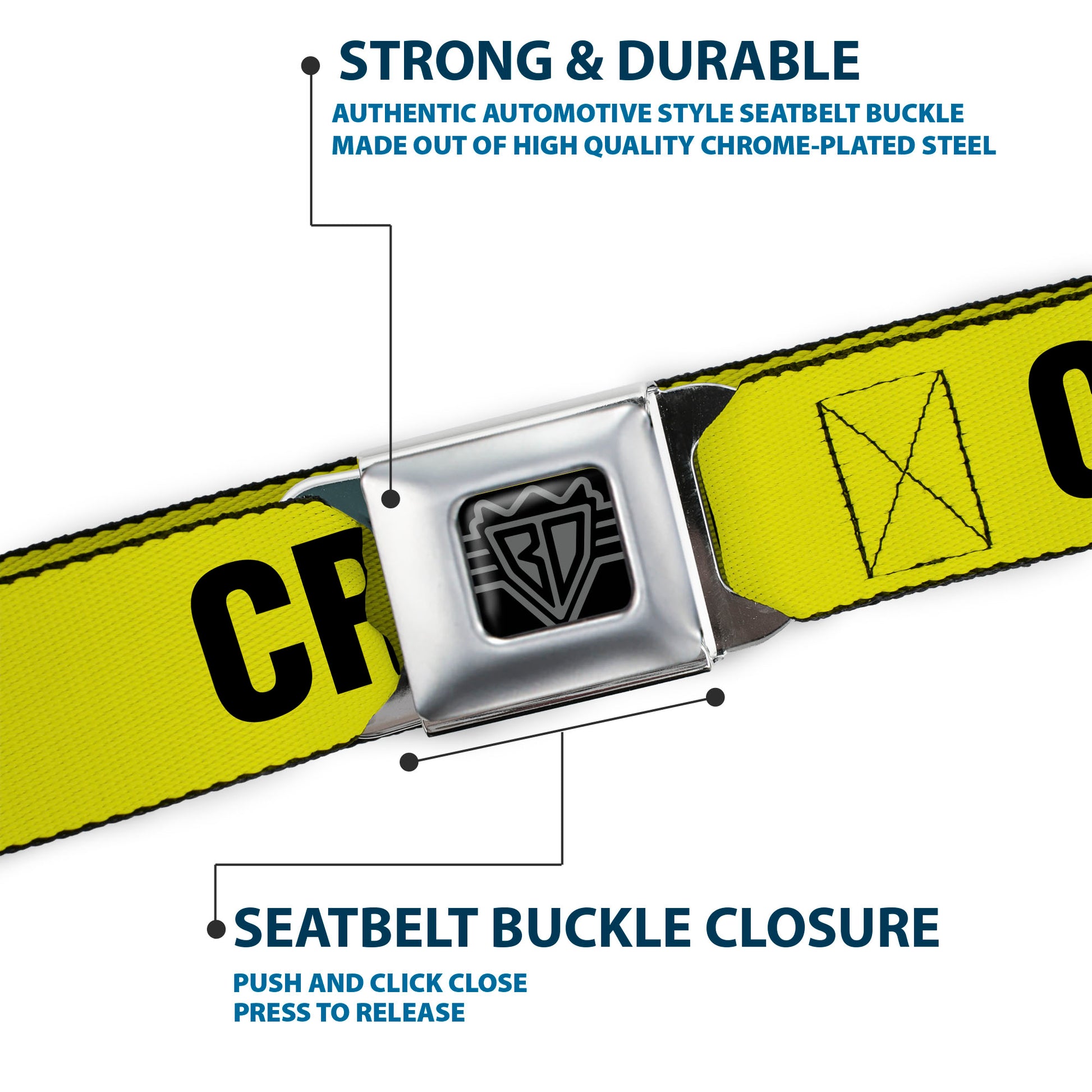 BD Wings Logo CLOSE-UP Full Color Black Silver Seatbelt Belt - CRIME SCENE DO NOT CROSS Yellow/Black Webbing Seatbelt Belts Buckle-Down