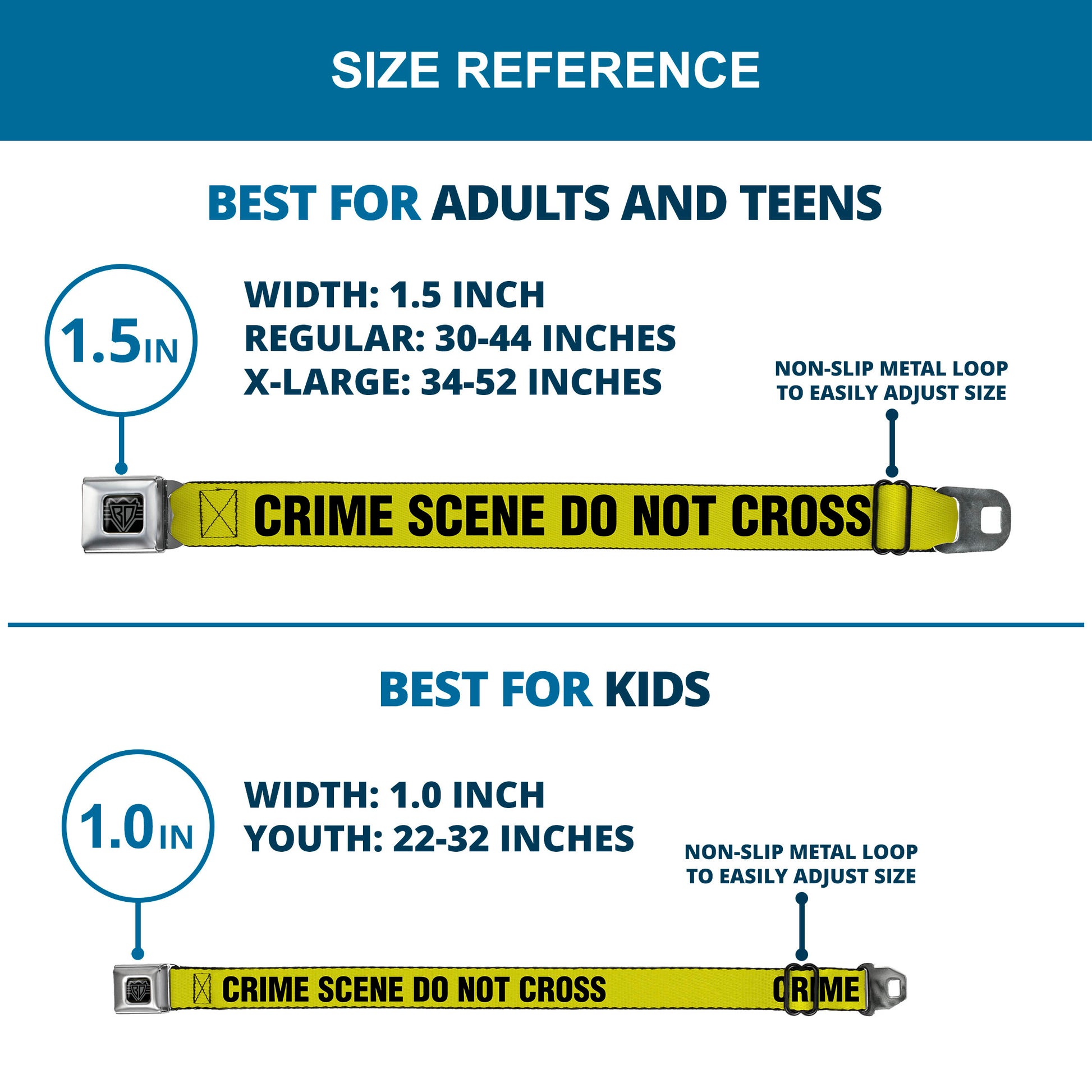 BD Wings Logo CLOSE-UP Full Color Black Silver Seatbelt Belt - CRIME SCENE DO NOT CROSS Yellow/Black Webbing Seatbelt Belts Buckle-Down