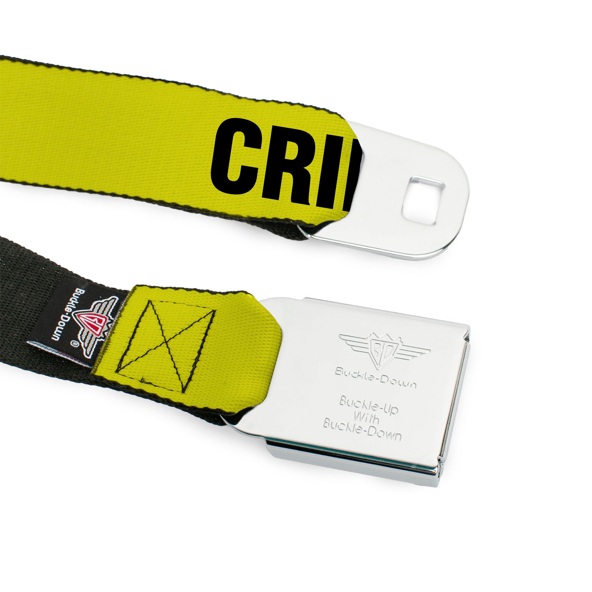 BD Wings Logo CLOSE-UP Full Color Black Silver Seatbelt Belt - CRIME SCENE DO NOT CROSS Yellow/Black Webbing Seatbelt Belts Buckle-Down