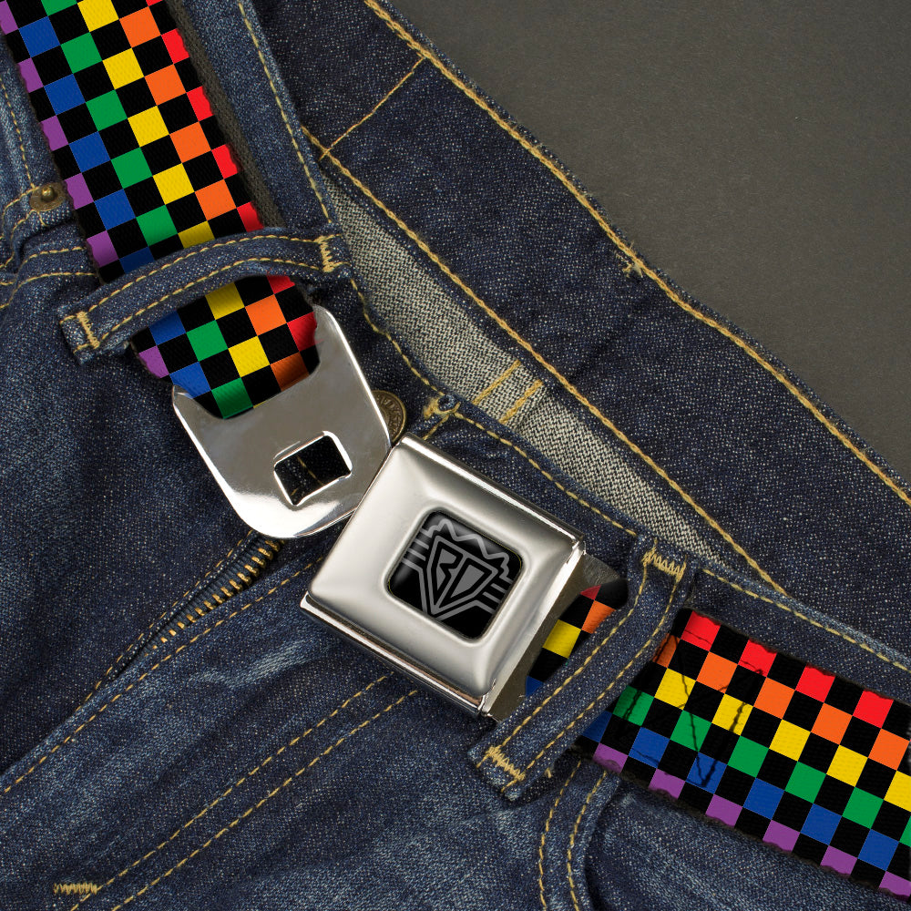 BD Wings Logo CLOSE-UP Black/Silver Seatbelt Belt - Checker Black/Rainbow Multi Color Webbing Seatbelt Belts Buckle-Down