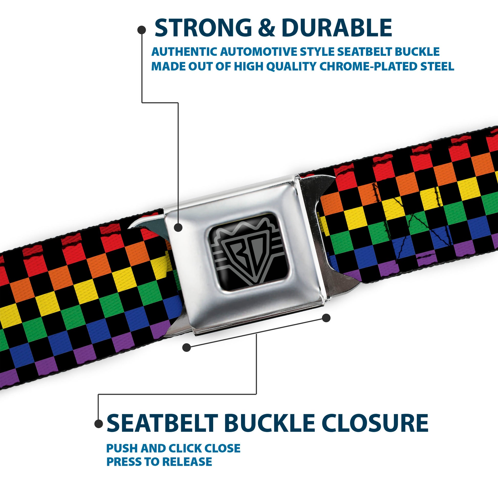 BD Wings Logo CLOSE-UP Black/Silver Seatbelt Belt - Checker Black/Rainbow Multi Color Webbing Seatbelt Belts Buckle-Down