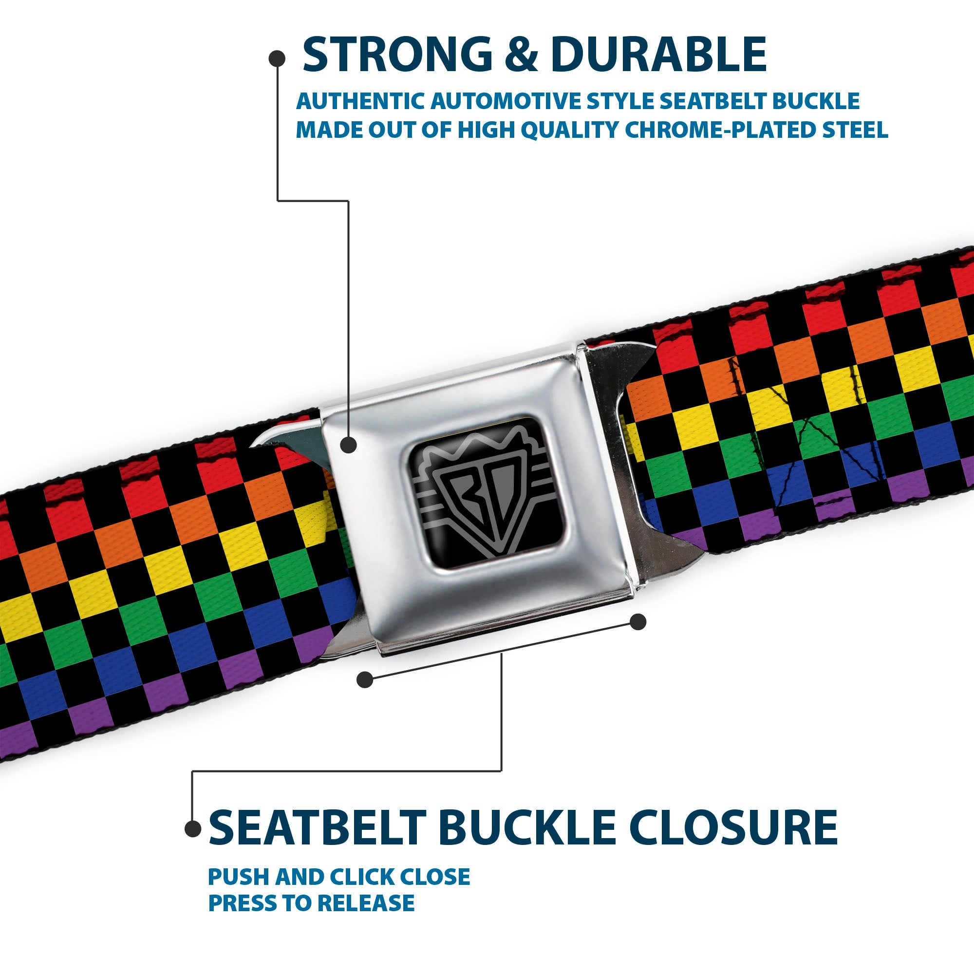 BD Wings Logo CLOSE-UP Black/Silver Seatbelt Belt - Checker Black/Rainbow Multi Color Webbing Seatbelt Belts Buckle-Down