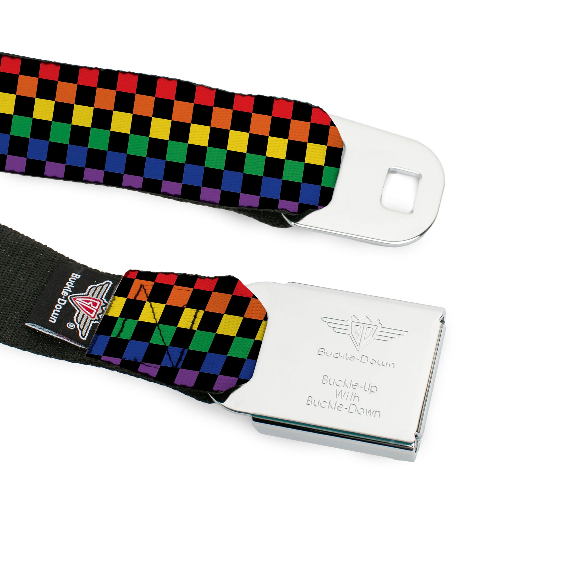 BD Wings Logo CLOSE-UP Black/Silver Seatbelt Belt - Checker Black/Rainbow Multi Color Webbing Seatbelt Belts Buckle-Down