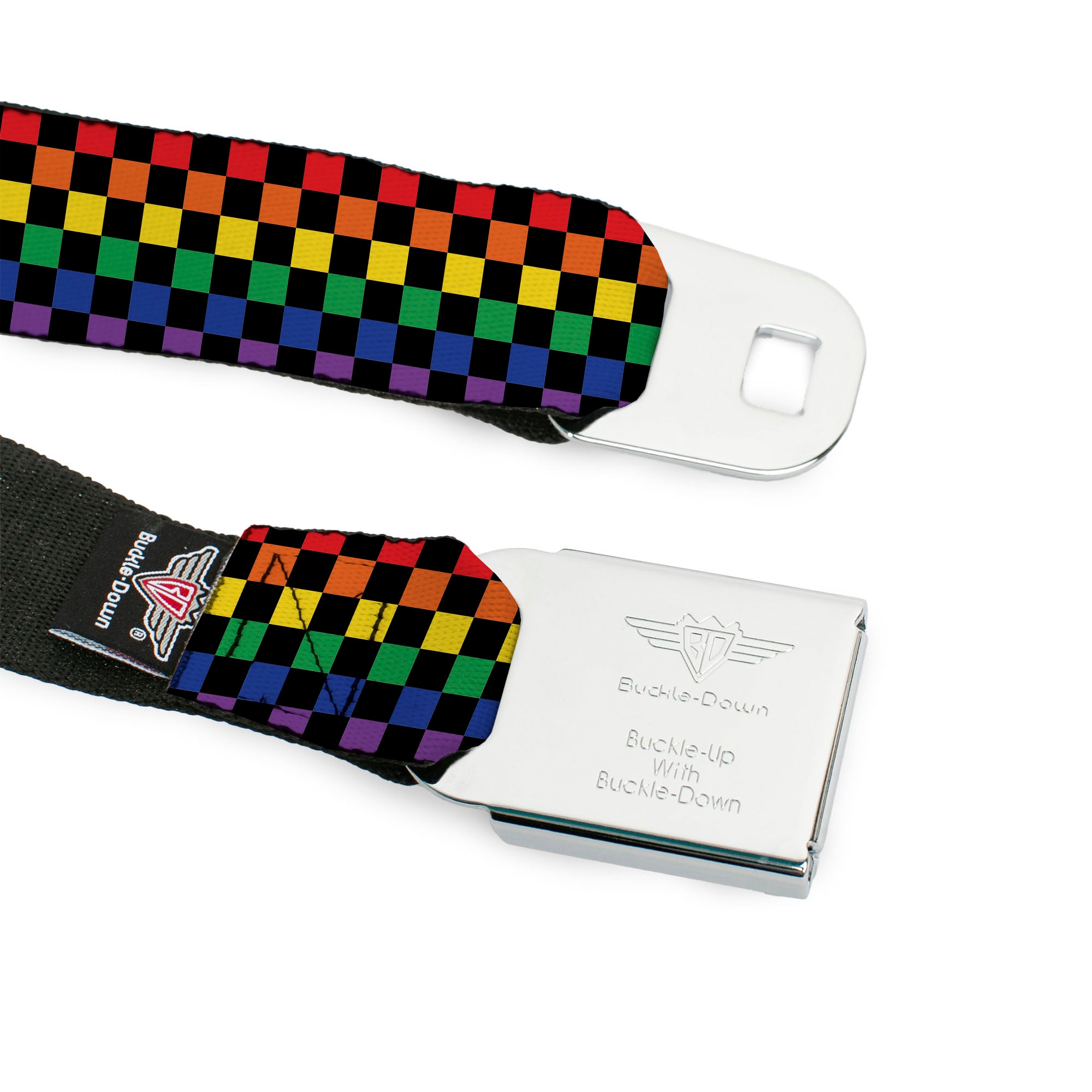 BD Wings Logo CLOSE-UP Black/Silver Seatbelt Belt - Checker Black/Rainbow Multi Color Webbing Seatbelt Belts Buckle-Down