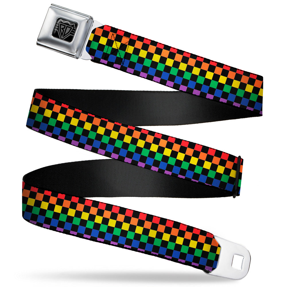 BD Wings Logo CLOSE-UP Black/Silver Seatbelt Belt - Checker Black/Rainbow Multi Color Webbing Seatbelt Belts Buckle-Down