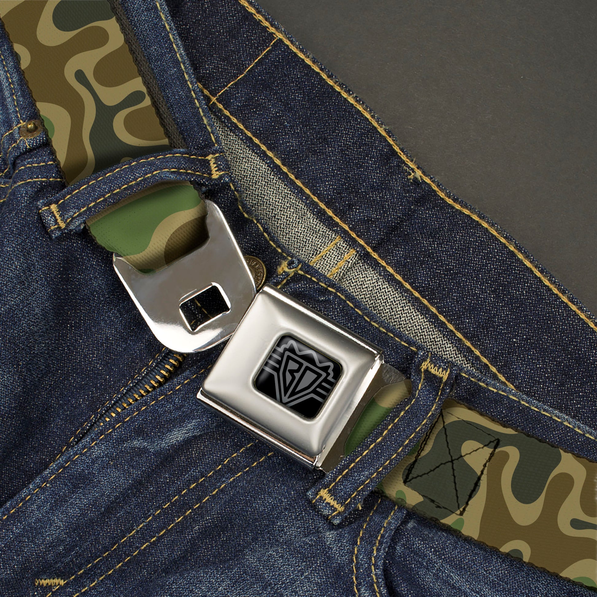 BD Wings Logo CLOSE-UP Black/Silver Seatbelt Belt - Camouflage Tan/Green/Gray/Brown Webbing Seatbelt Belts Buckle-Down